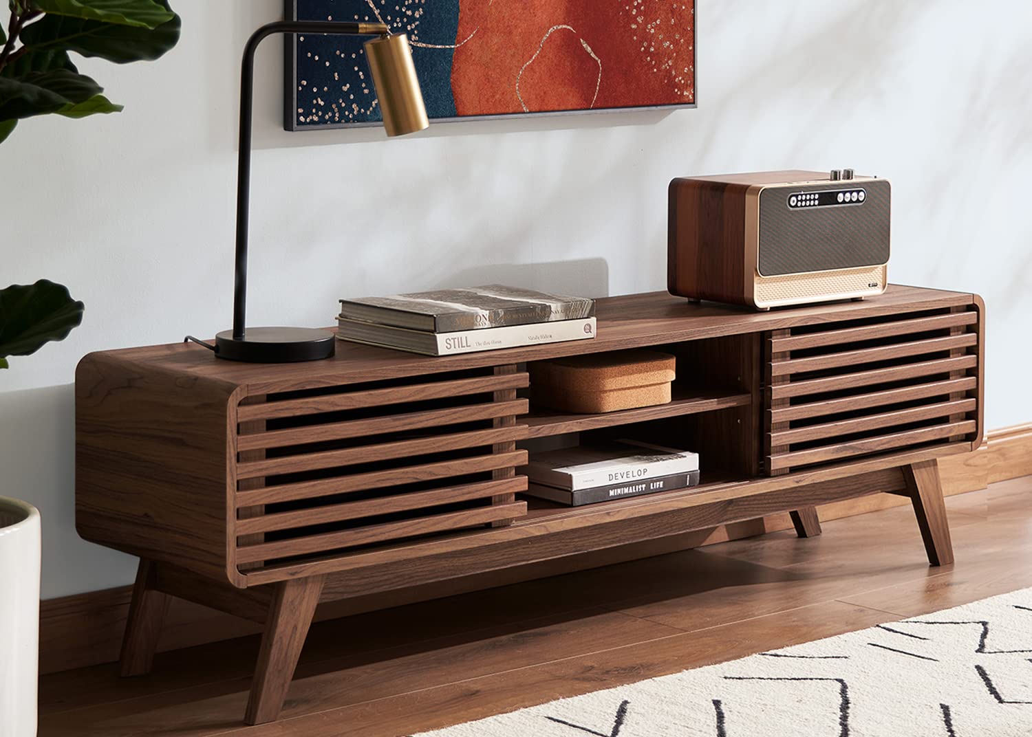 Ensley TV Stand, Mid-Century Modern Television Stand for 55/60/65 inch TV, Farmhouse Entertainment Center with Storage, Media Console Credenza Table for Living Room, Bedroom (Walnut, 59")
