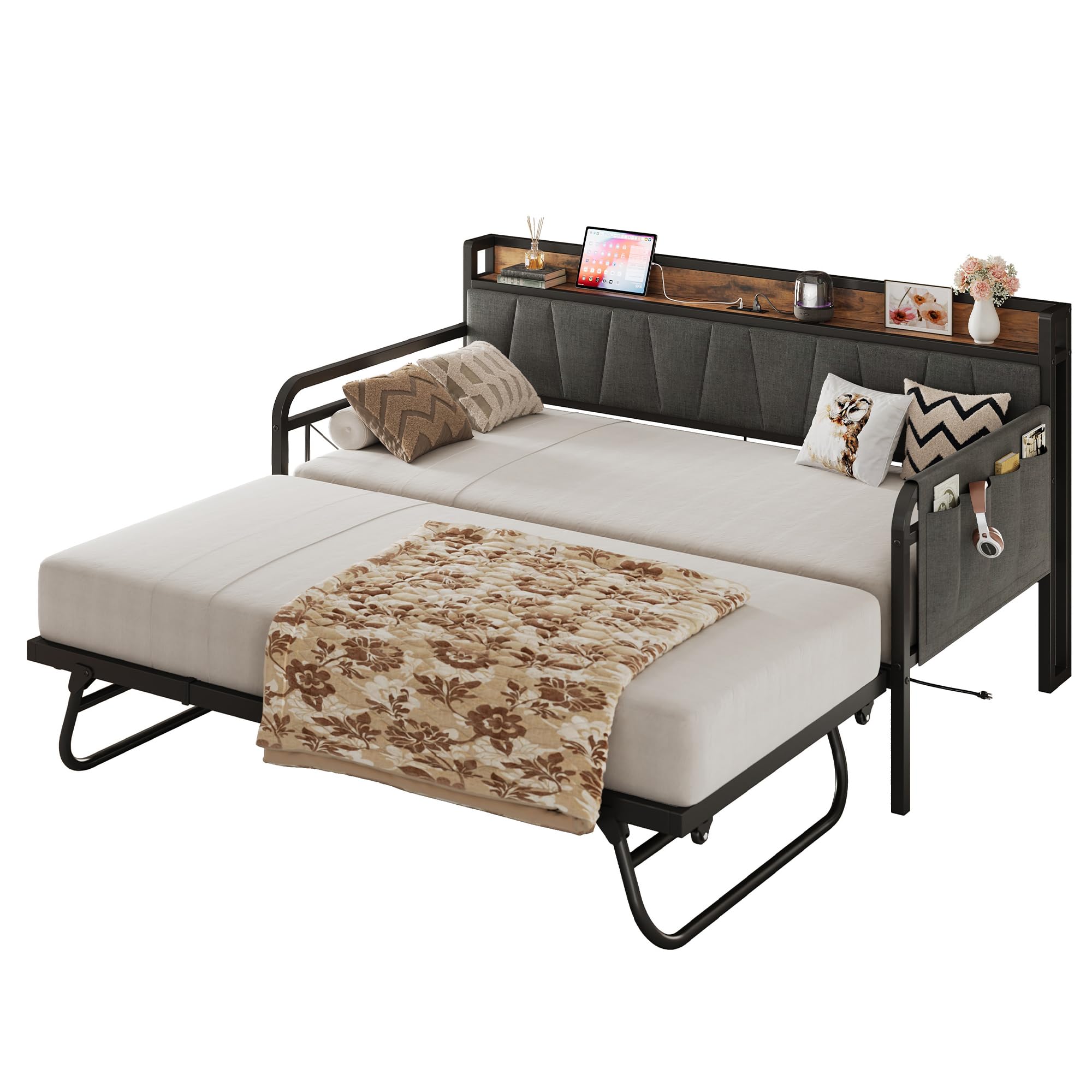 Twin Daybed with Trundle, Bed Frame with Storage Headboard & Charging Station, Sofa Bed for Bedroom, Guest Room, Grey