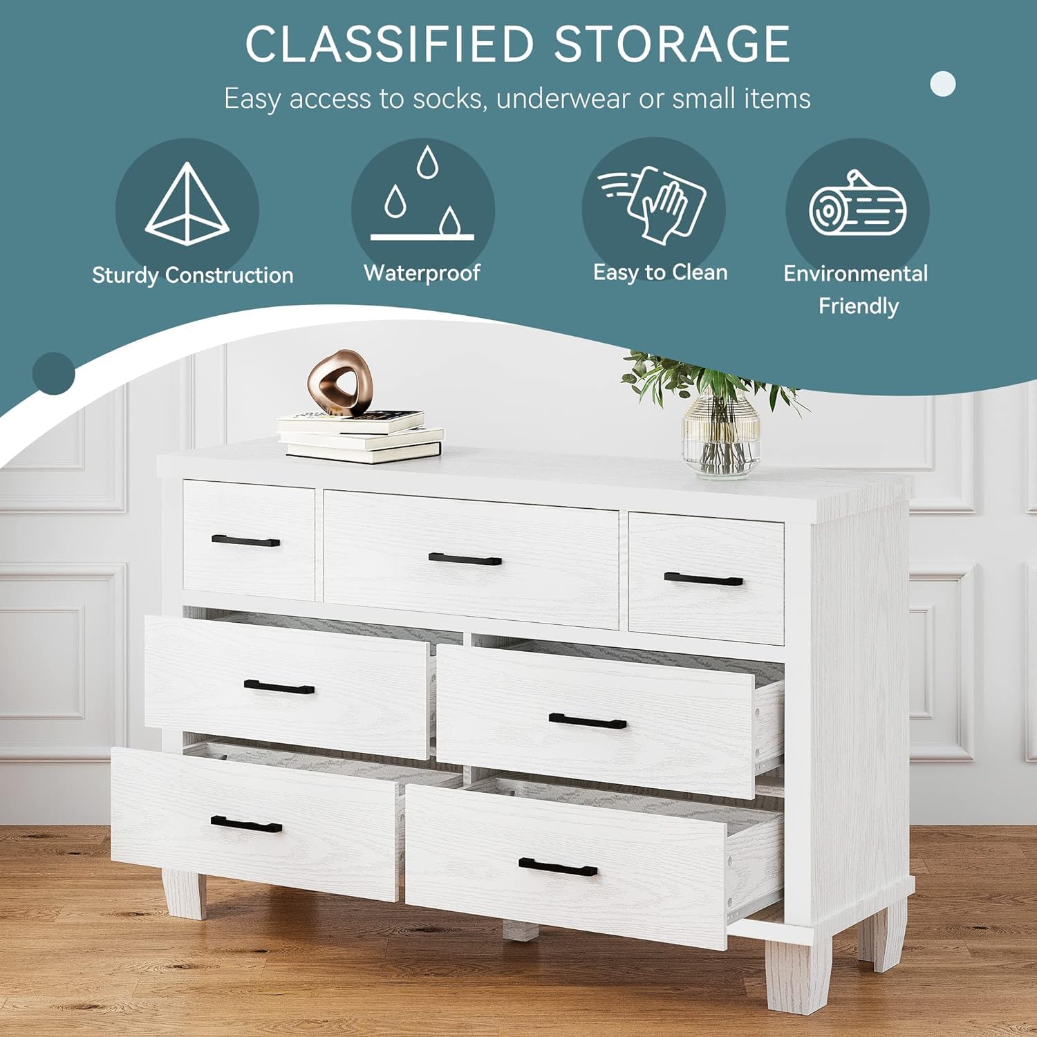 7-Drawer Modern Dresser with Metal Handles, Wooden Chest of Drawers Organizer for Bedroom & Living Room, White Finish