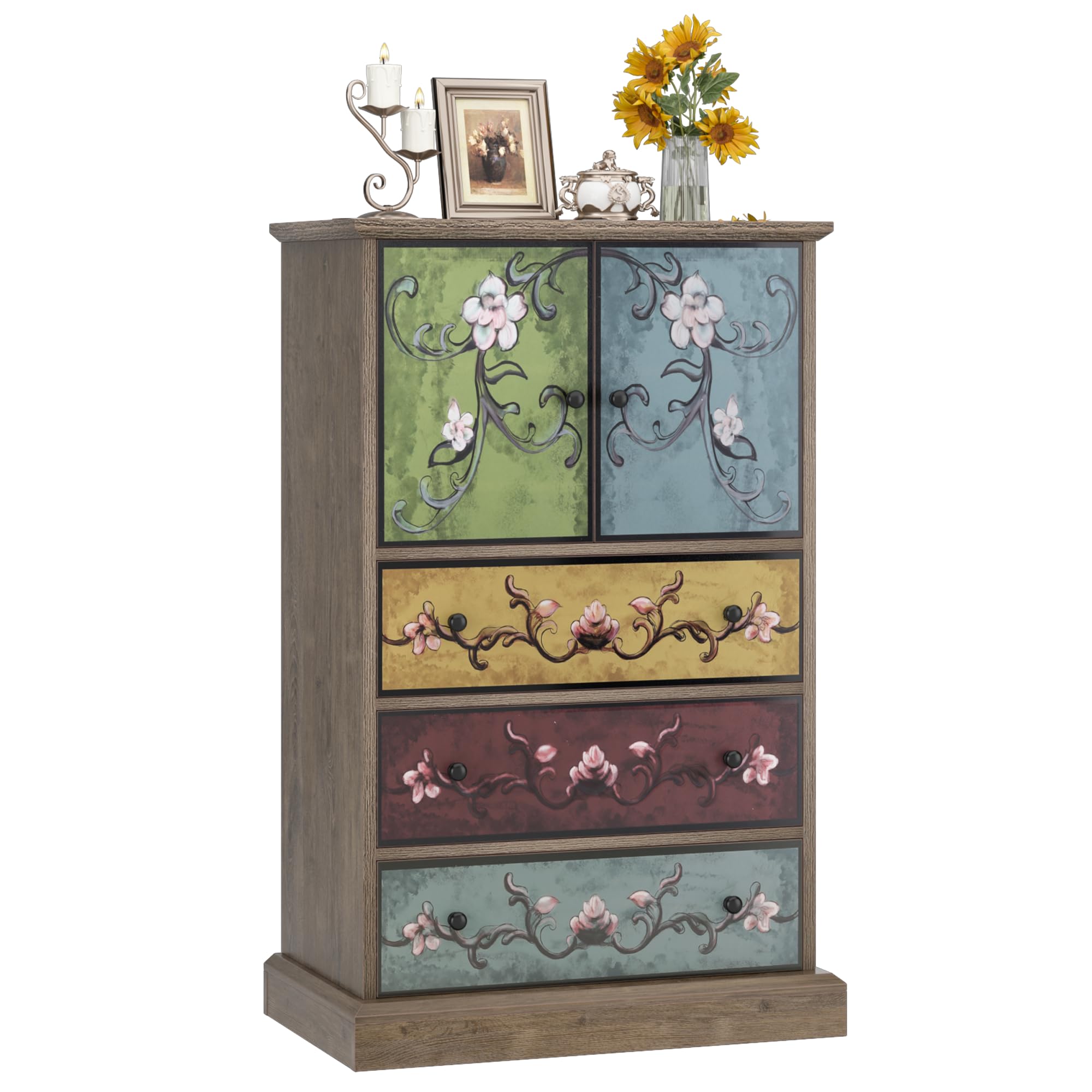 Wood Chest of Drawers, Tall Boho Dresser with Drawers and Doors, 16.1D x 23.6W 42.3H Inch Wood Accent Dresser for Home Office