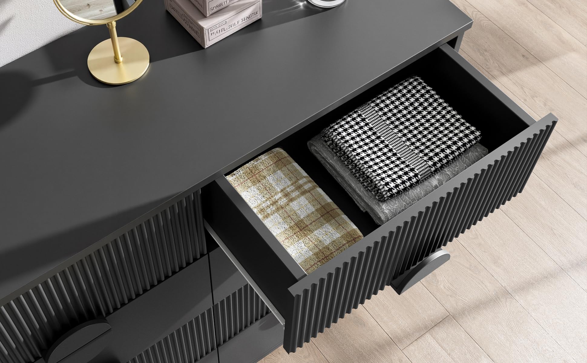 Fluted Black Dresser, 50" Wide Modern Chest with 8 Deep Drawers, 42.8" Tall, Raised H Legs & Curved Profile, Easy Round Handles, Black