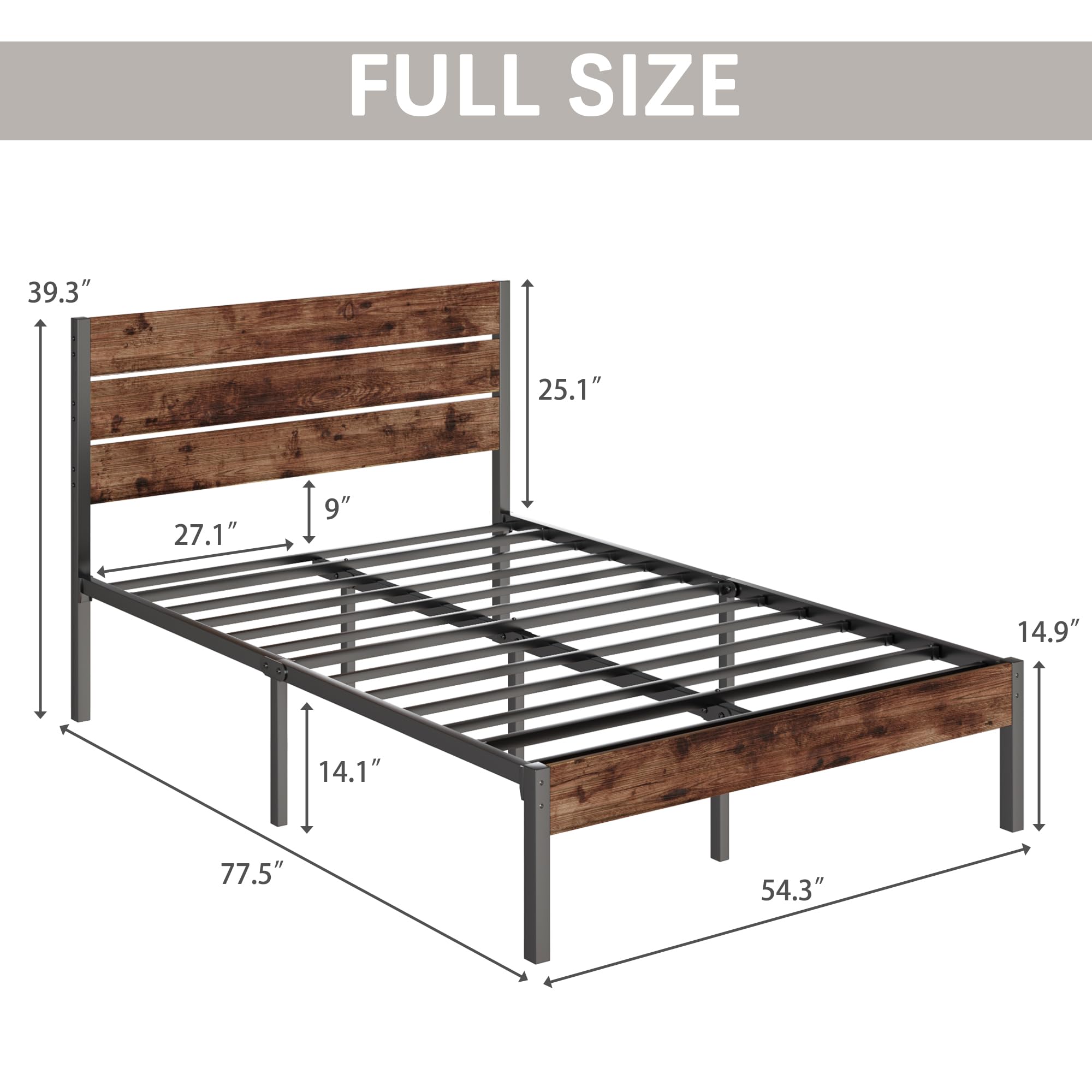 Full Bed Frame with Headboard and Footboard, Metal Full Bed Frame with Under Bed Storage, All-Metal Support System, , ,Rustic Brown