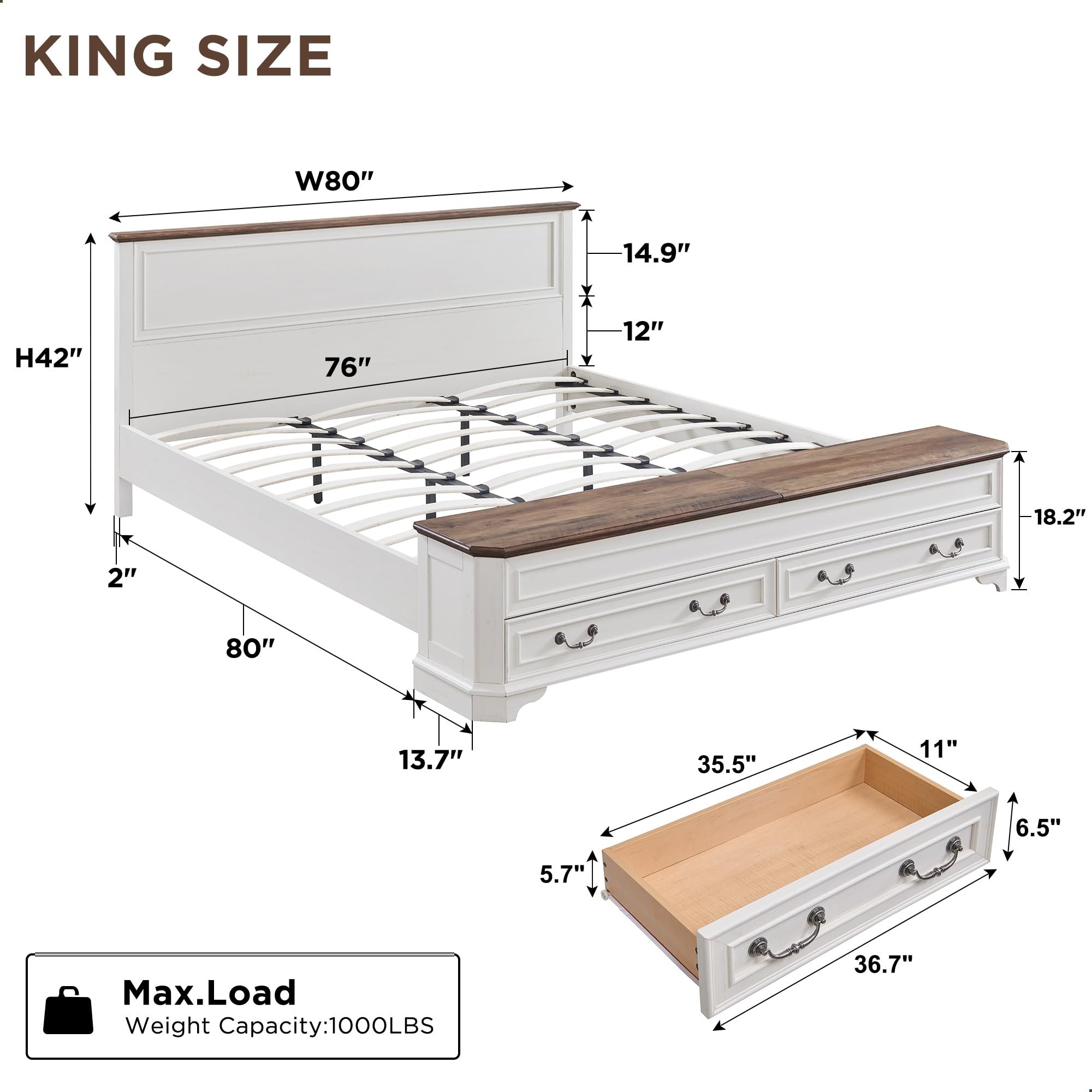 Farmhouse King Bed Frame with Headboard & 4-Drawer Storage Bench, Rustic Wood Platform Bed with 80" Chest, Antique White