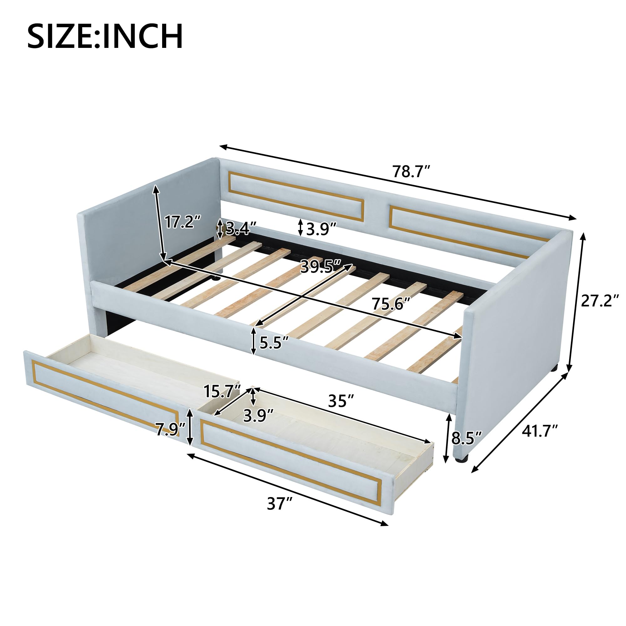 Twin Size Upholstered Daybed with Storage Drawers, Trundle Bed with Metal Border, Backrest & Armrest, Wood Slat Support, Blue