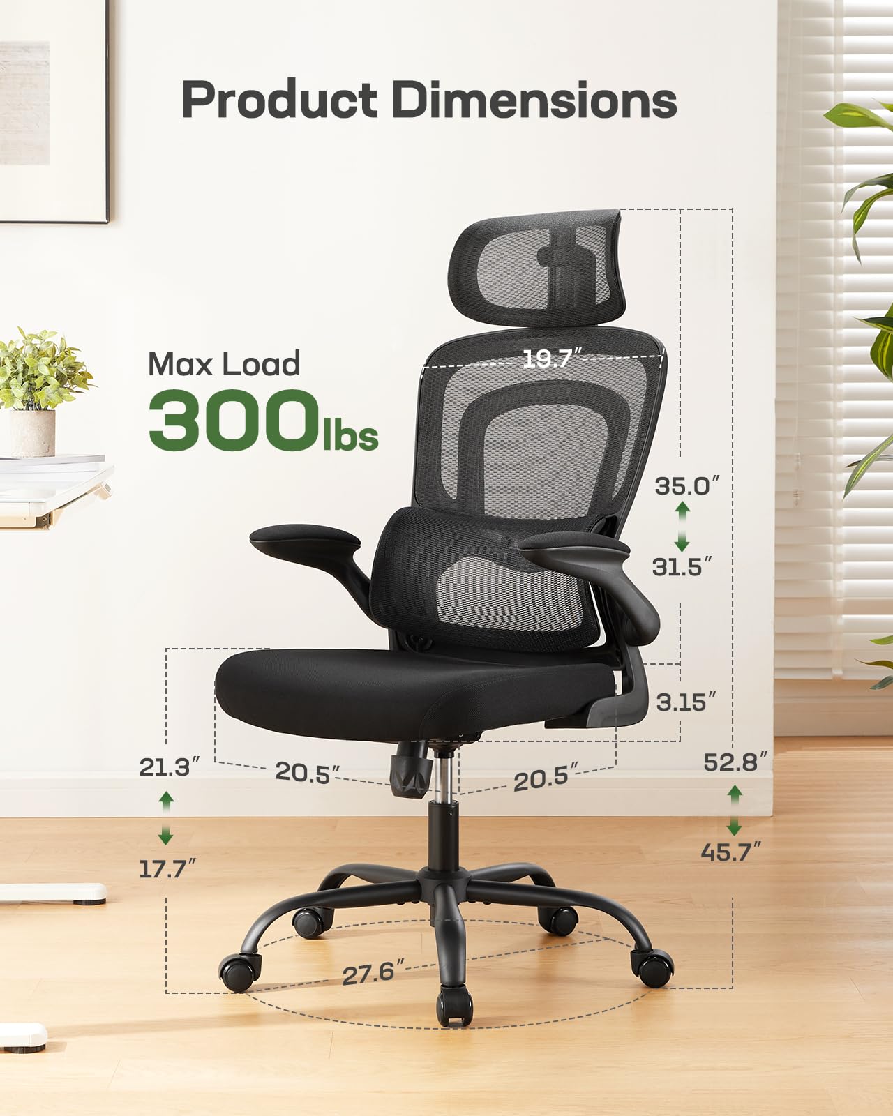 Ergonomic Office Chair with Adjustable Lumbar Support, High Back Desk Chair with 2D Headrest & Flip-Up Armrests Gaming Computer Task Chair Tilt Function Black