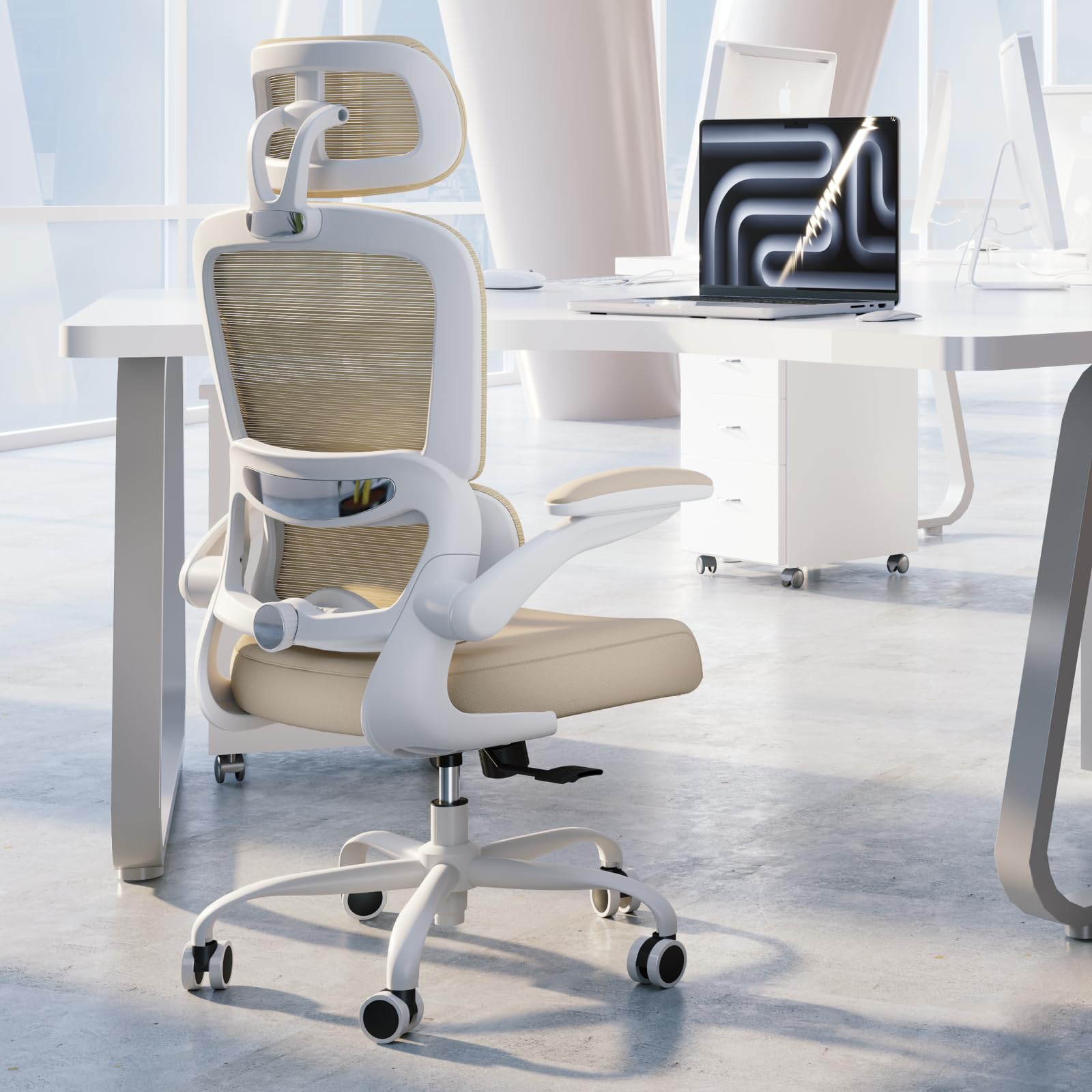 Ergonomic Office Chair, High Back Mesh Desk Chair with Wheels, Supports 330 lbs, Comfortable for Long Hours, Home & Gaming Use, Beige