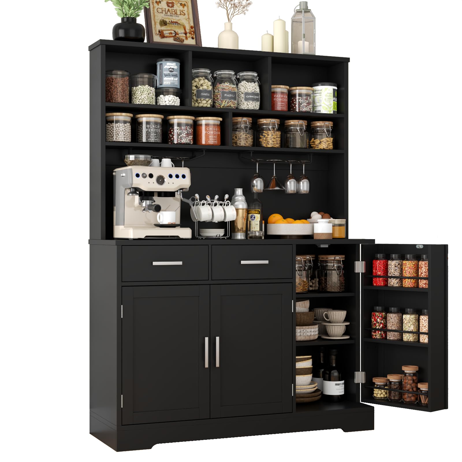 Pantry Storage Cabinet with 2 Drawers, Tall Kitchen Hutch Cabinet with Microwave Shelf, Modern Buffet Cabinets with Goblet Holders, Food