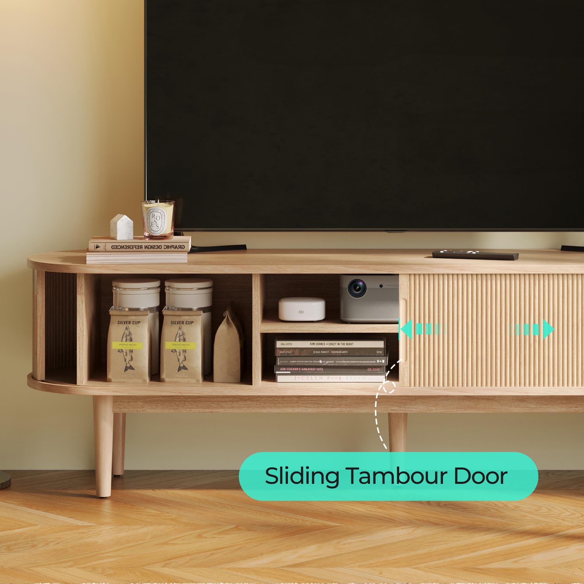 Fluted TV Stand for 75" TV, Mid-Century Modern 70" Entertainment Center with Sliding Tambour Door & Storage Cabinet, Curved Media Console, Oak