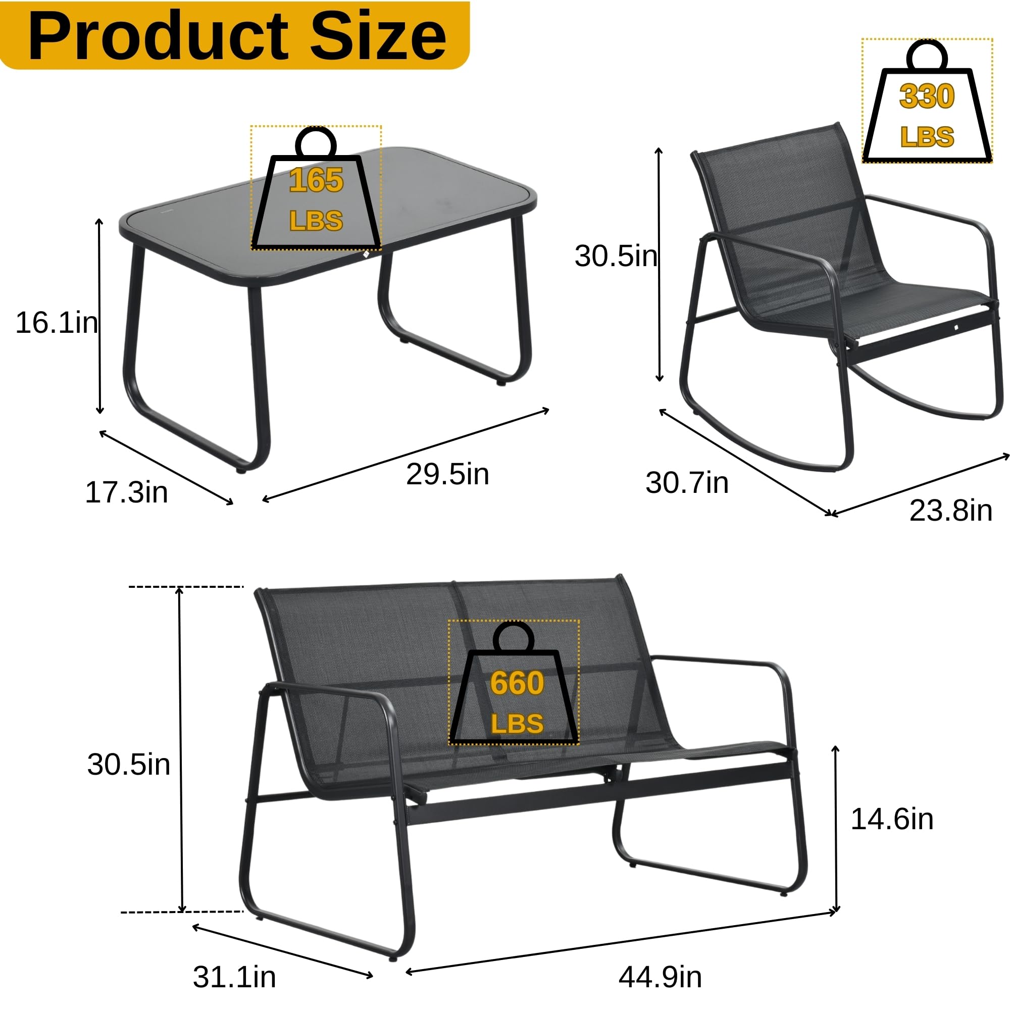 4-Piece Patio Furniture Set, Textilene Conversation Set with 2 Rocking Chairs and Tempered Glass Coffee Table, Perfect for Indoor Patio Lawn Garden Poolside, Black