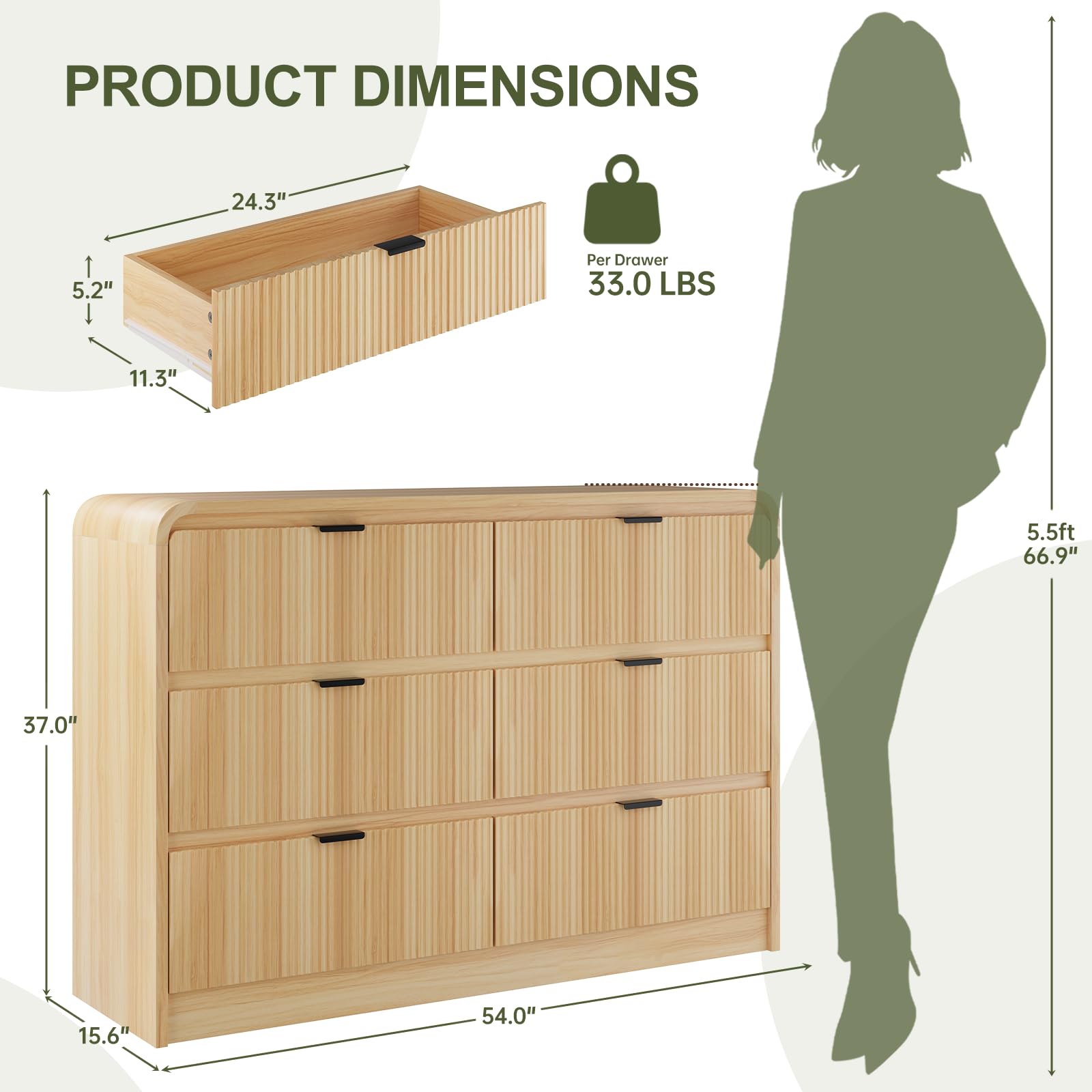 Fluted 6-Drawer Wooden Dresser, 54" Wide with Metal Handles, Curved Design, Modern Storage Organizer for Bedroom, Living Room, Natural Oak