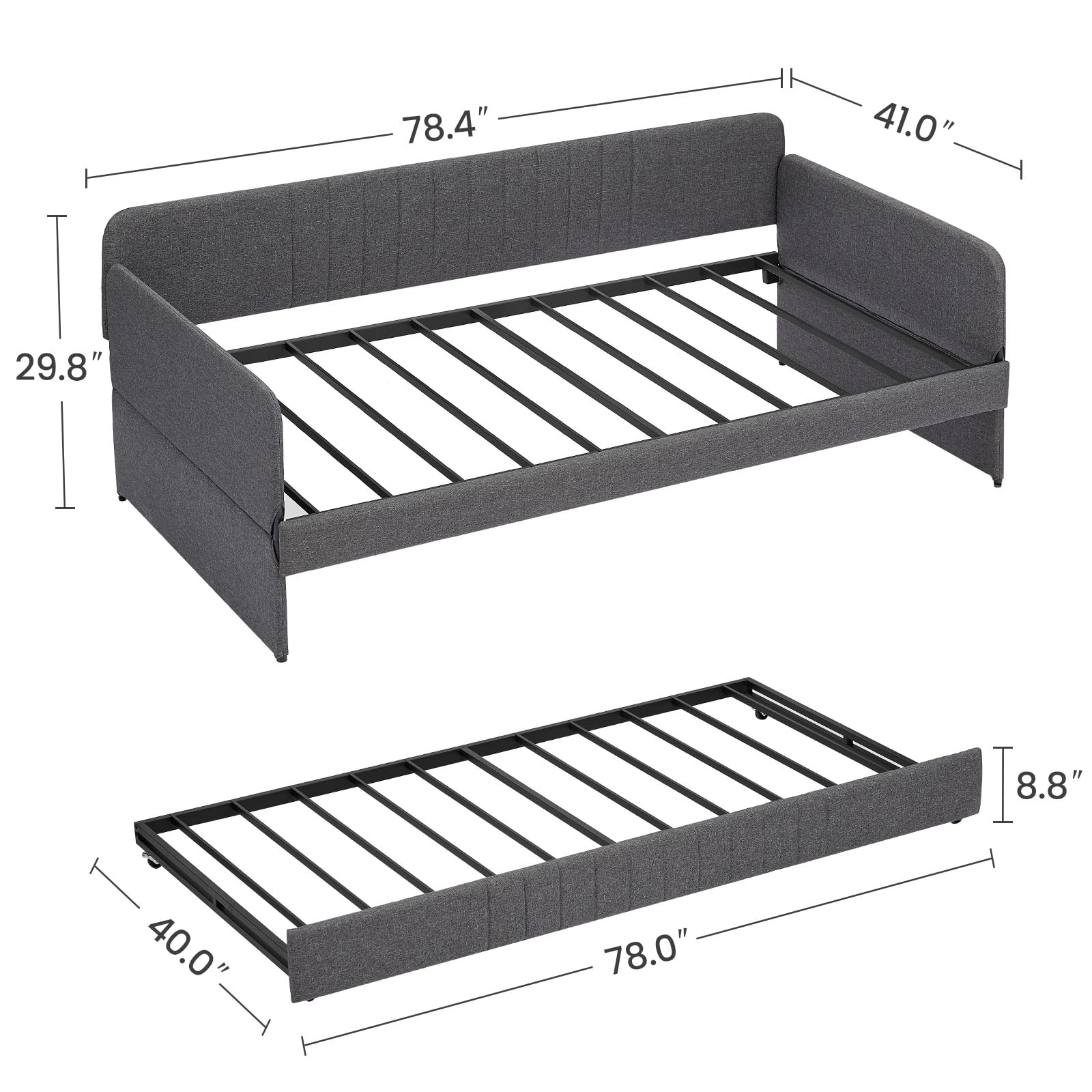 Twin Daybed with Trundle, Linen Upholstered Sofa Bed with Arm & Backrest, No Box Spring Needed, Twin Size Day Bed for Bedroom, Gray