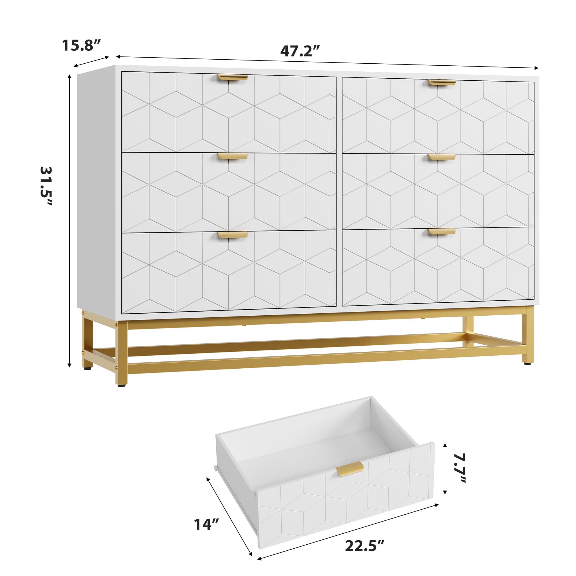 Modern White 6 Drawer Double Dresser with Gold Handles, Long Storage Chest for Bedroom, Closet, TV Stand, Entryway, Living Room