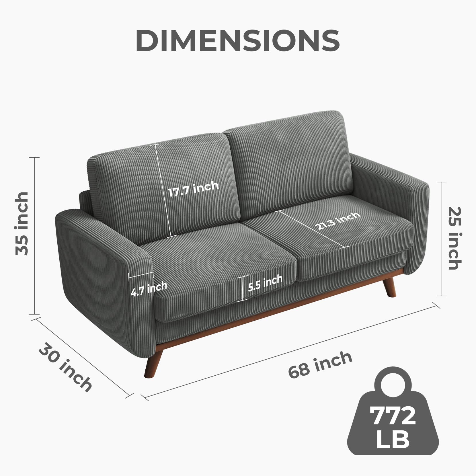 68" Loveseat Sofa Dark Gray, Comfy Corduroy Couch with Spring Cushion and Solid Wood, Modern Extra Deep Seat for Bedroom, Living Room, Office