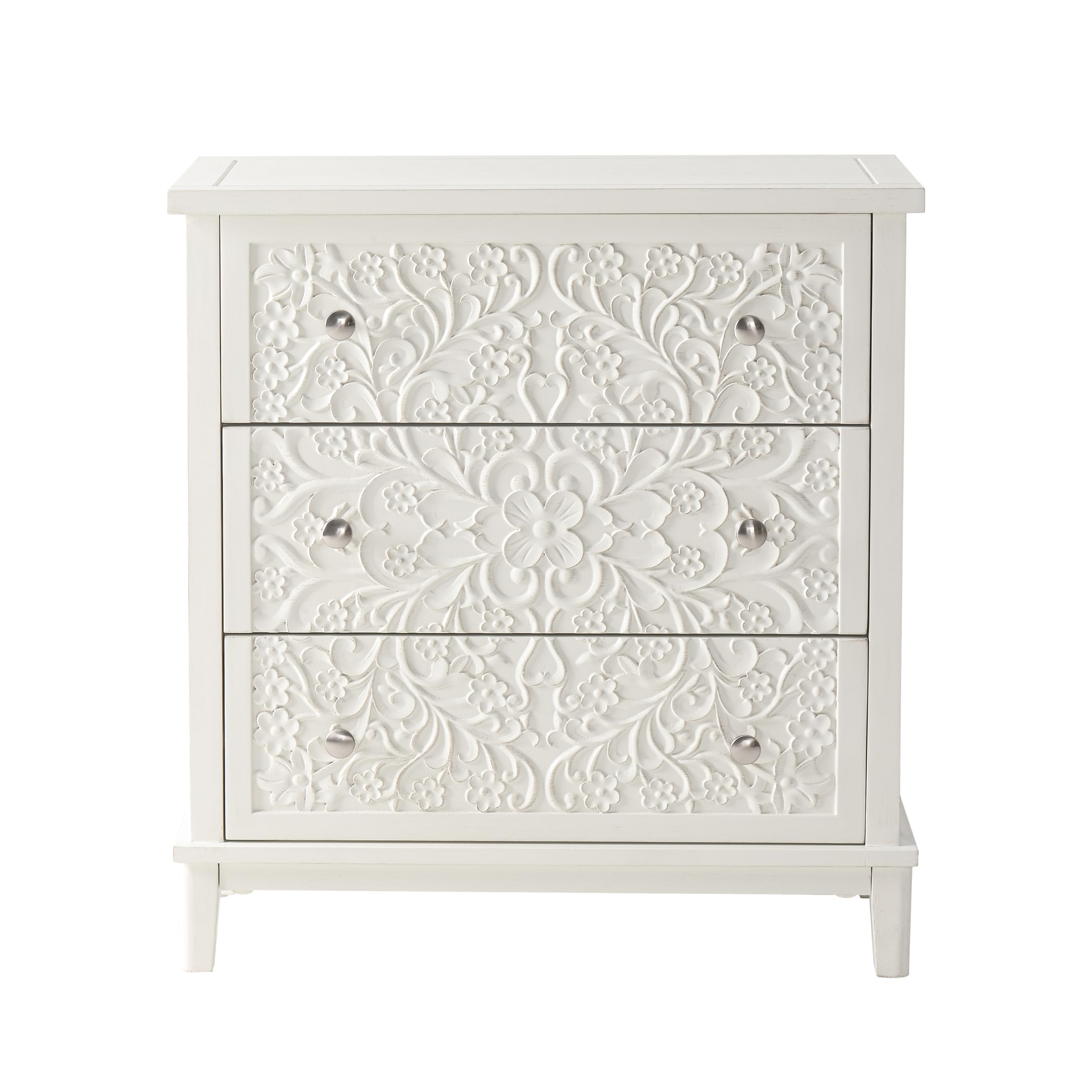 3-Drawer Fully-Assembled Flower Motif Dresser for French Country, Farmhouse, Modern, Rustic Style, Distressed Finish, White-Washed