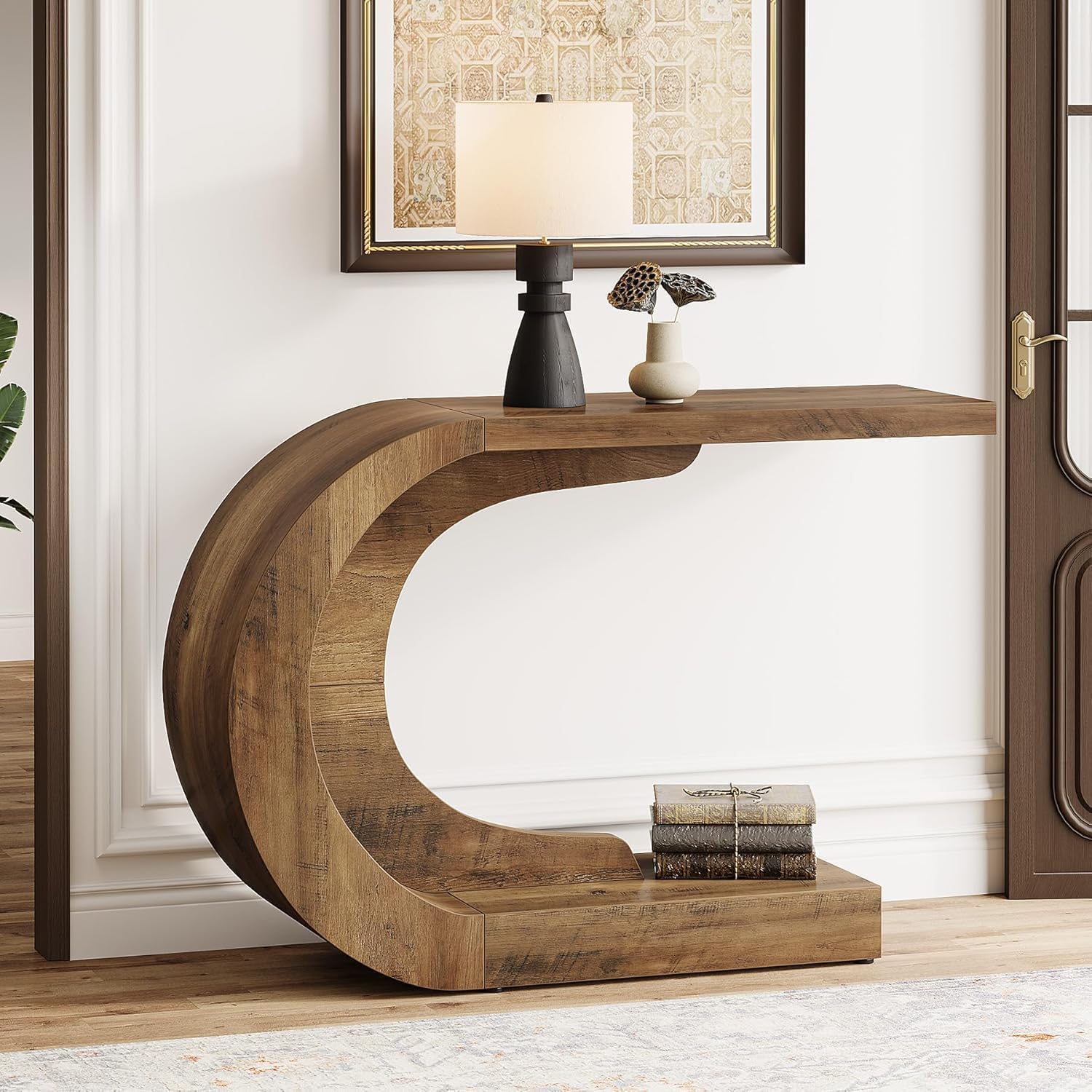 43.3" Mid-Century Modern Console Table for Entryway, Wood C-Shaped Hallway Entry Accent Table for Living Room, Entrance, Foyer, Easy Assembly, Brown