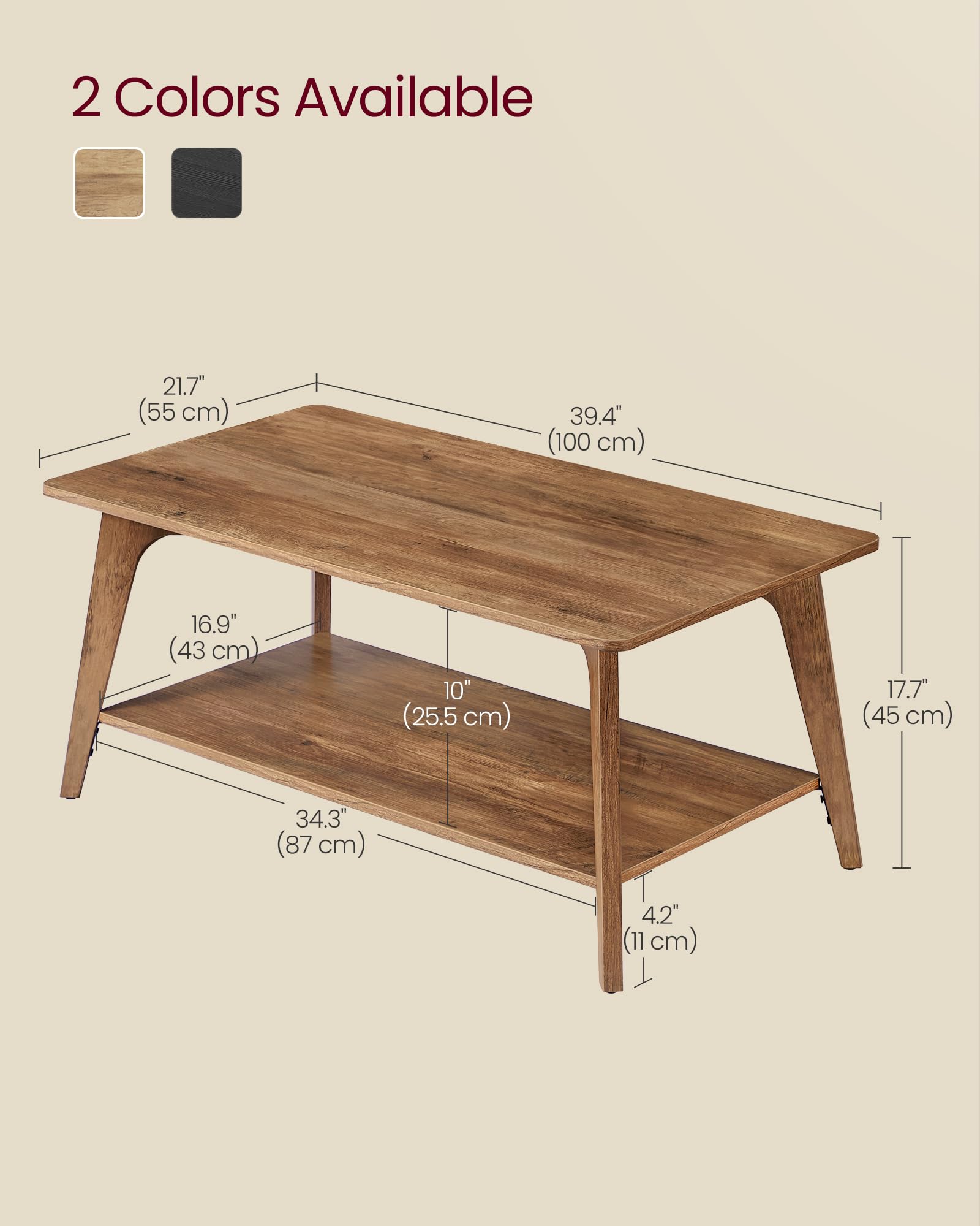 Tier Coffee Table with Storage, Rounded Corners, Easy Assembly, 21.7"x39.4", Center Table for Living Room, Honey Brown