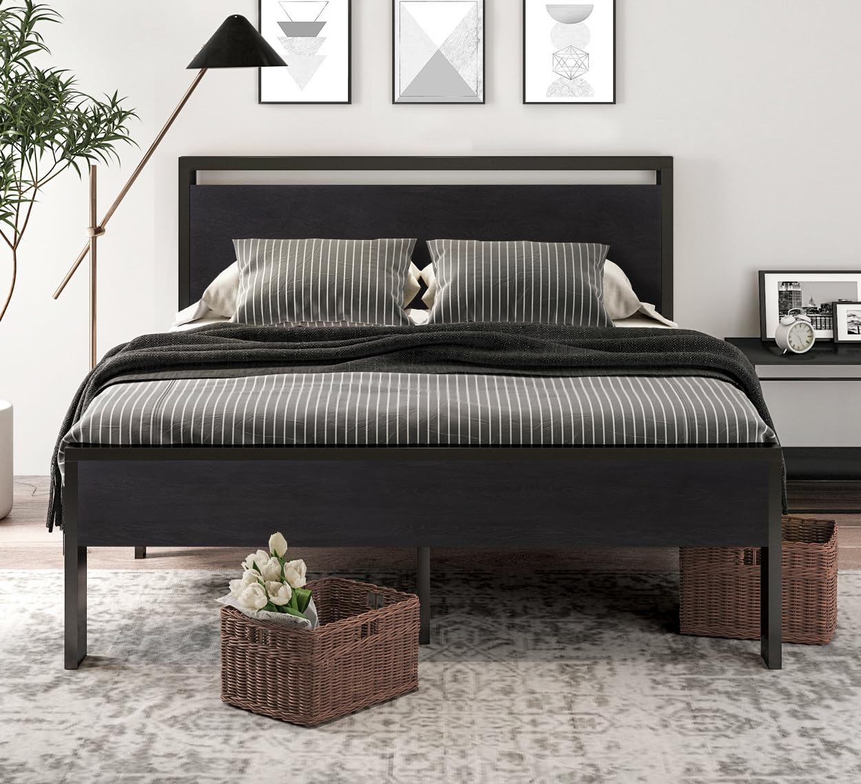 14 Inch Full Size Metal  with Wooden Headboard and Footboard, , , Large Under Bed Storage, Non-Slip Without Noise, Black Oak