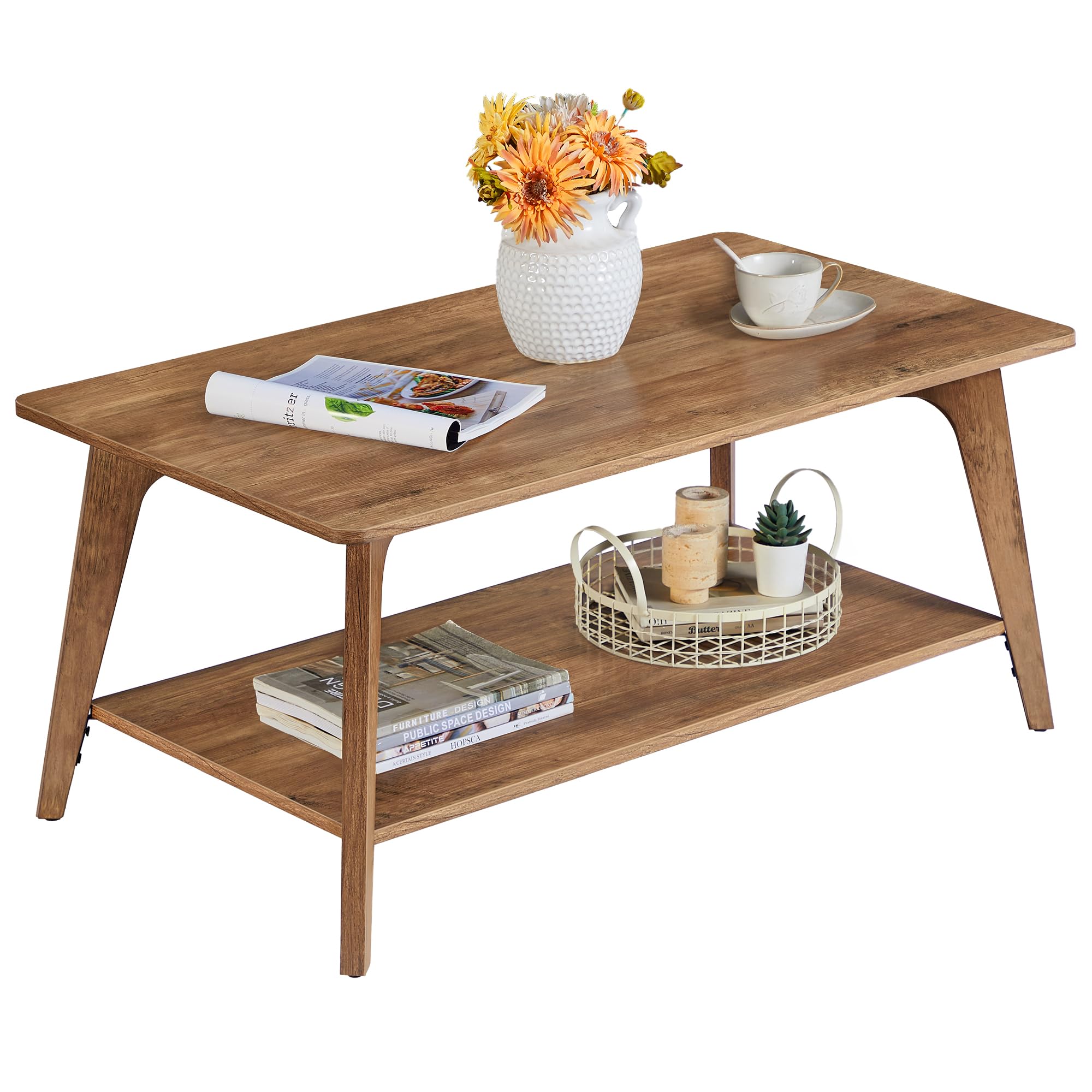 Tier Coffee Table with Storage, Rounded Corners, Easy Assembly, 21.7"x39.4", Center Table for Living Room, Honey Brown