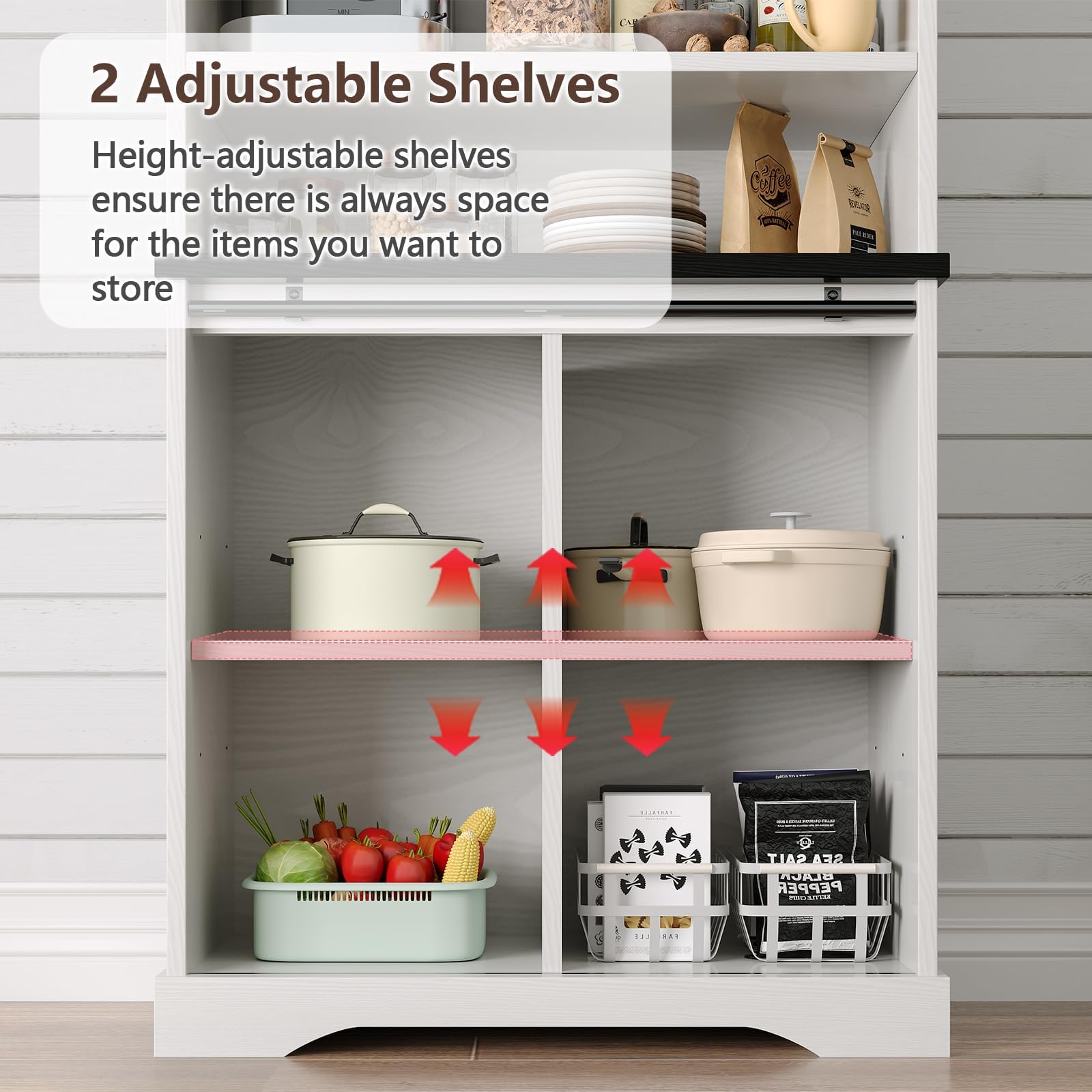 Farmhouse Tall Coffee Bar with Tall Hutch, White Coffee Bar Cabinet with 3 Tier Shelves, 70 Inch Buffet Cabinet with Sliding Barn Door and Adjustable