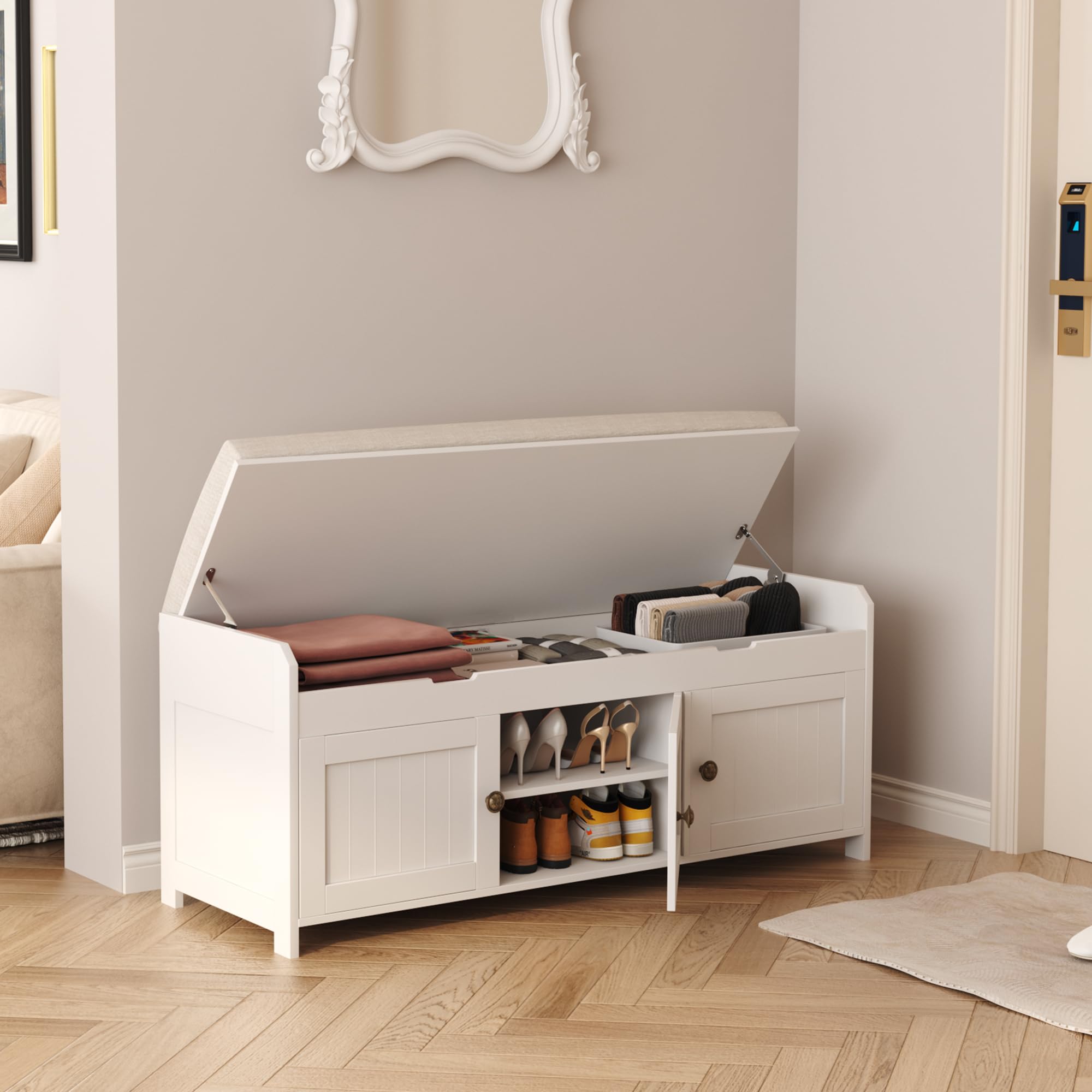 41.3" Shoe Bench with Lift-Top Storage, Cushioned Entryway Bench, Hidden Storage Cabinet for Bedroom, Hallway, End of Bed, White