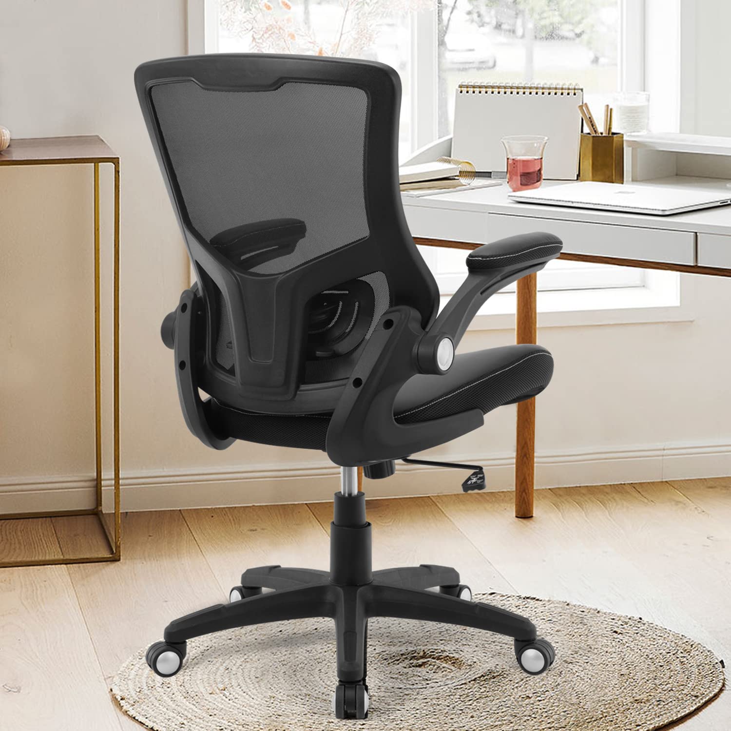 Chair Ergonomic Desk Chair, Computer PU Leather Home Office Chair, Swivel Mesh Back Adjustable Lumbar Support Flip-up Arms Executive Task Chair