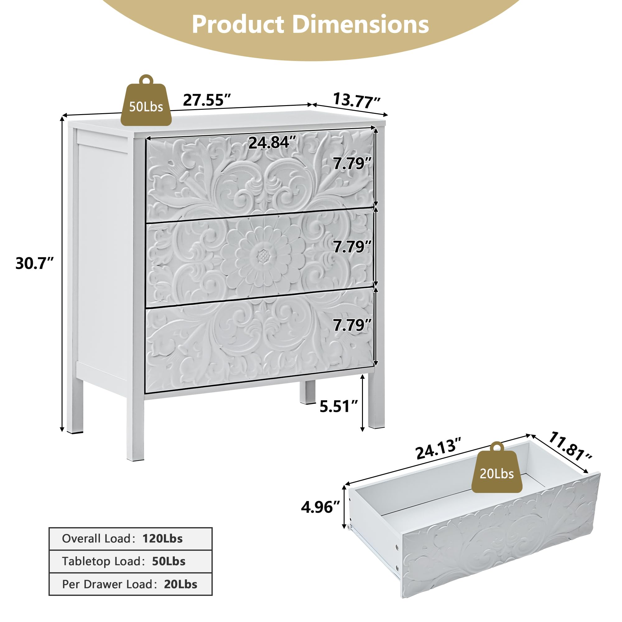 White 3 Drawer Dresser, Wide Chest of Drawers with Storage, Accent Nightstand Cabinet Luxury Carving Dresser for Bedroom Hallway Living Room Entryway Office