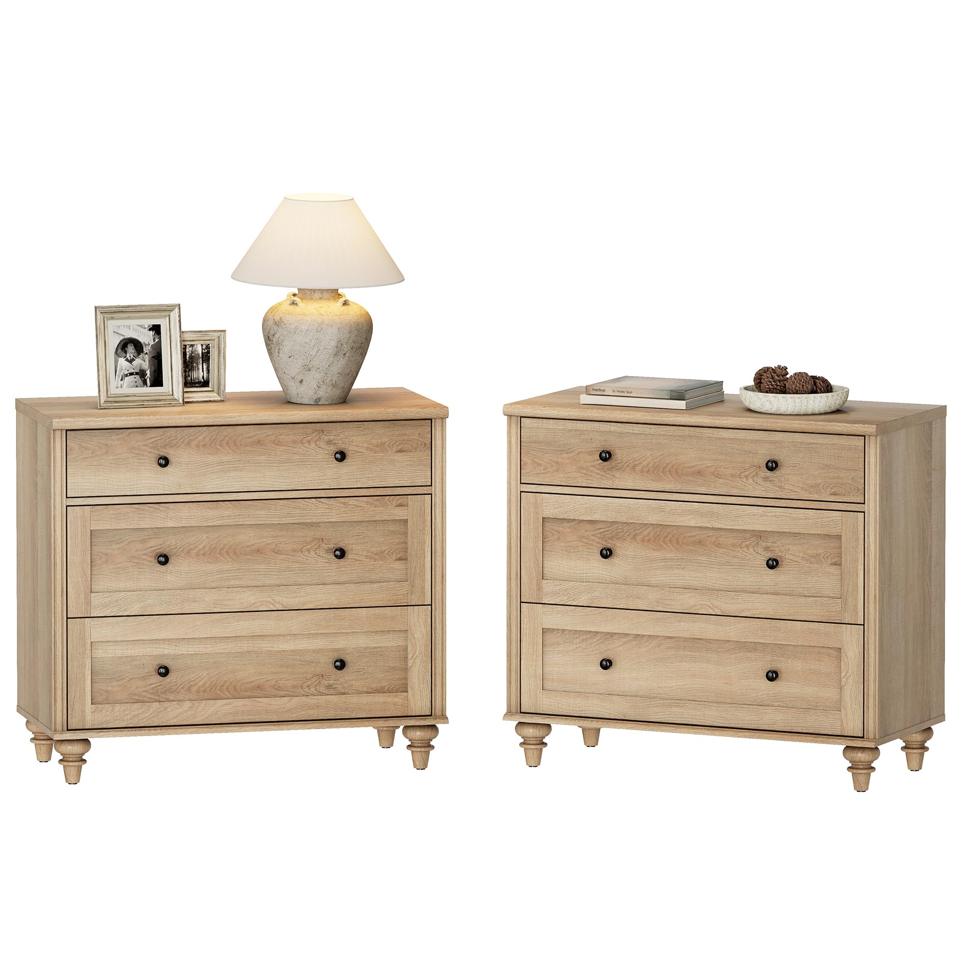 Set of 2 Farmhouse Nightstands, 34" Wide Oak Bedside Tables with 3 Drawers, Wood End Tables for Bedroom, Living Room, Sofa Side Storage