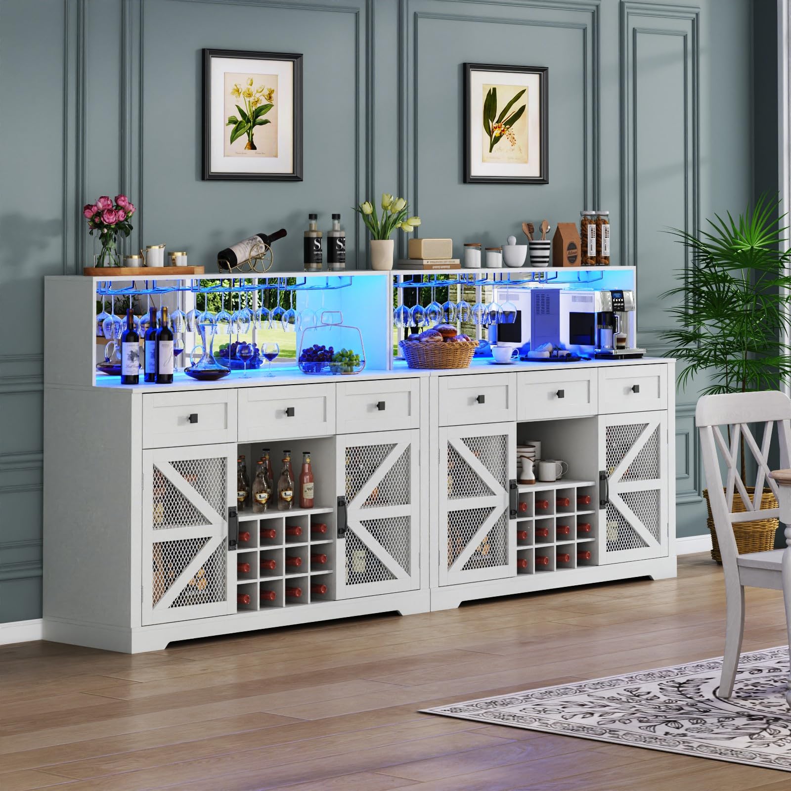Wine Bar Cabinet with LED Light, Kitchen Buffet with Storage Cabinet & 3 Sliding Drawers, Adjustable Shelf, Goblet Holder, Acrylic Mirror