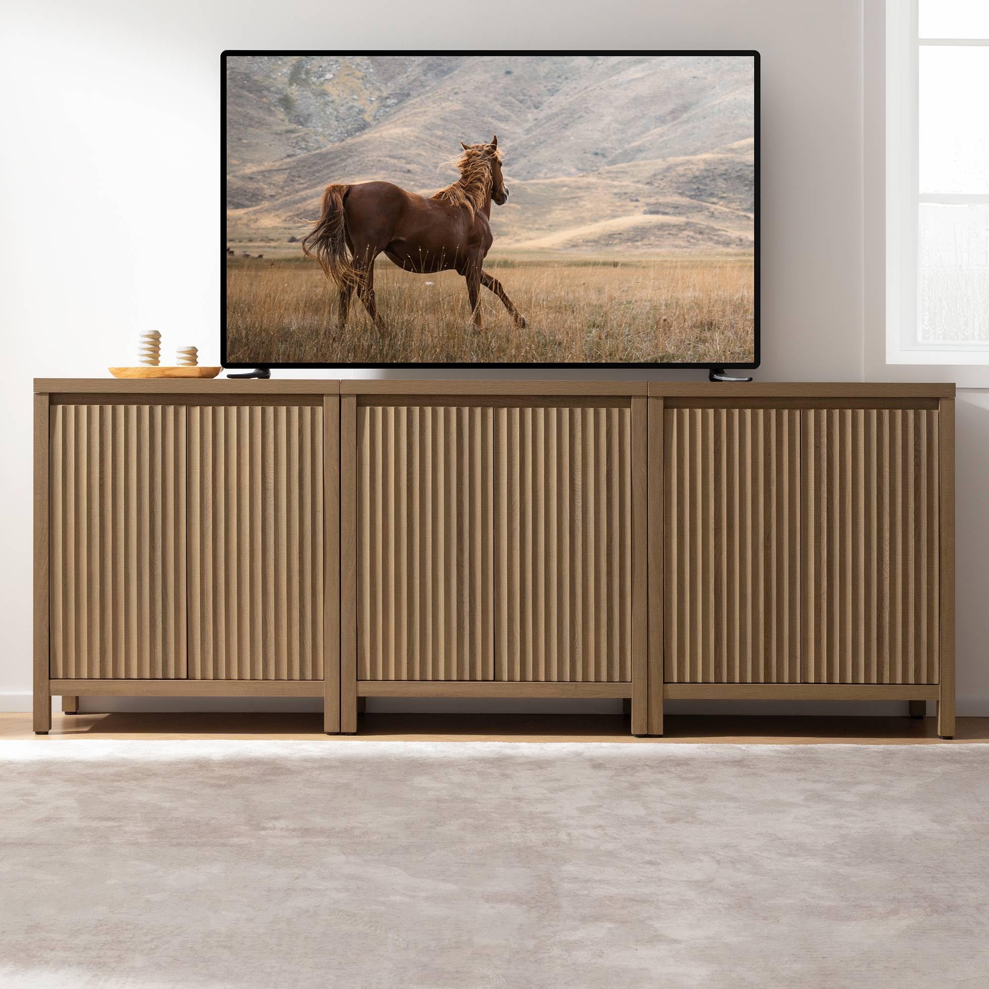 Sideboard Buffet Cabinet with Storage, Fluted Credenza Console Cabinet with Adjustable Shelves, Farmhouse Coffee Bar Storage Cabinets