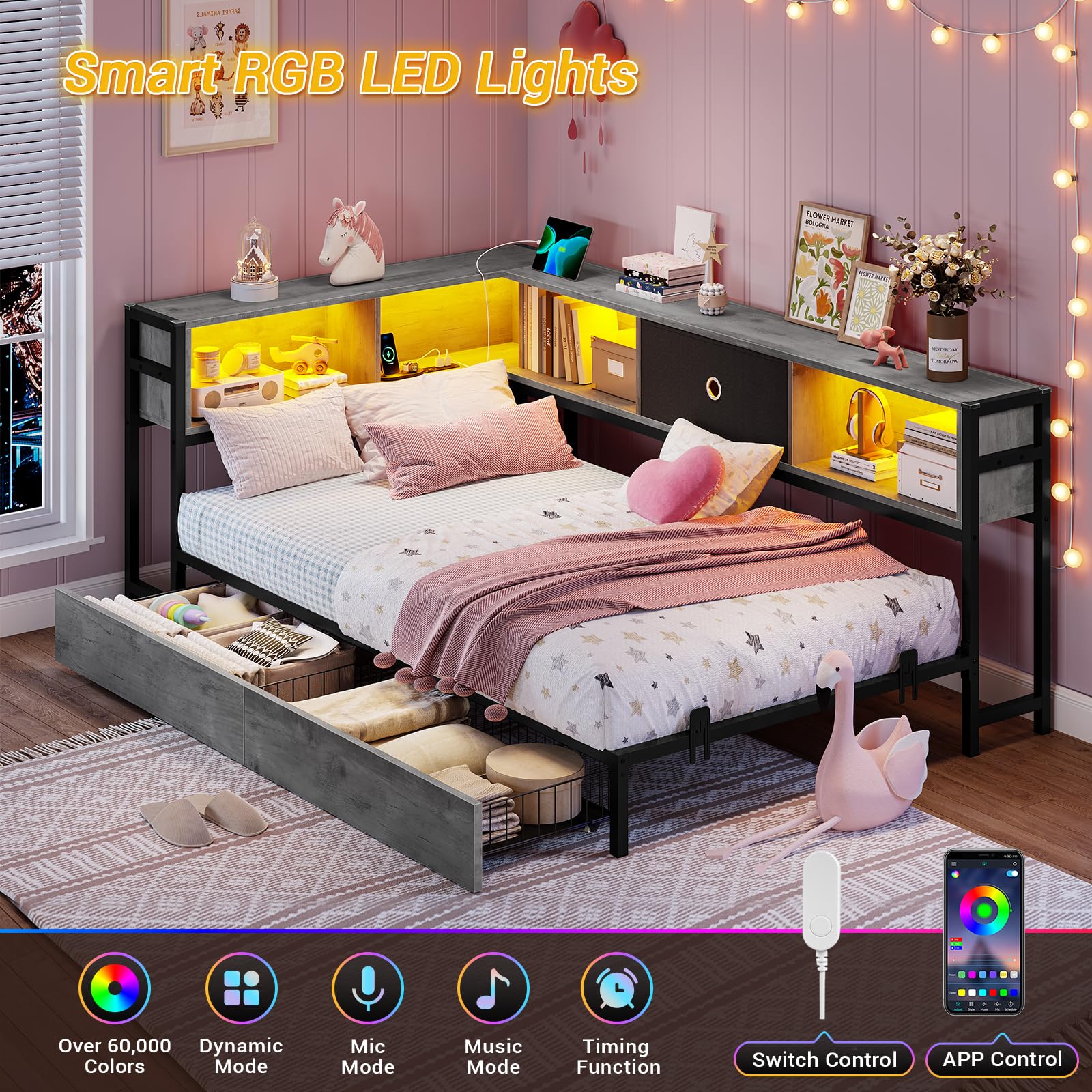 Corner Twin Bed Frame with Storage Bookcase, LED Light & Charging Station – Modern Daybed with Drawers for Kids, Black & Gray