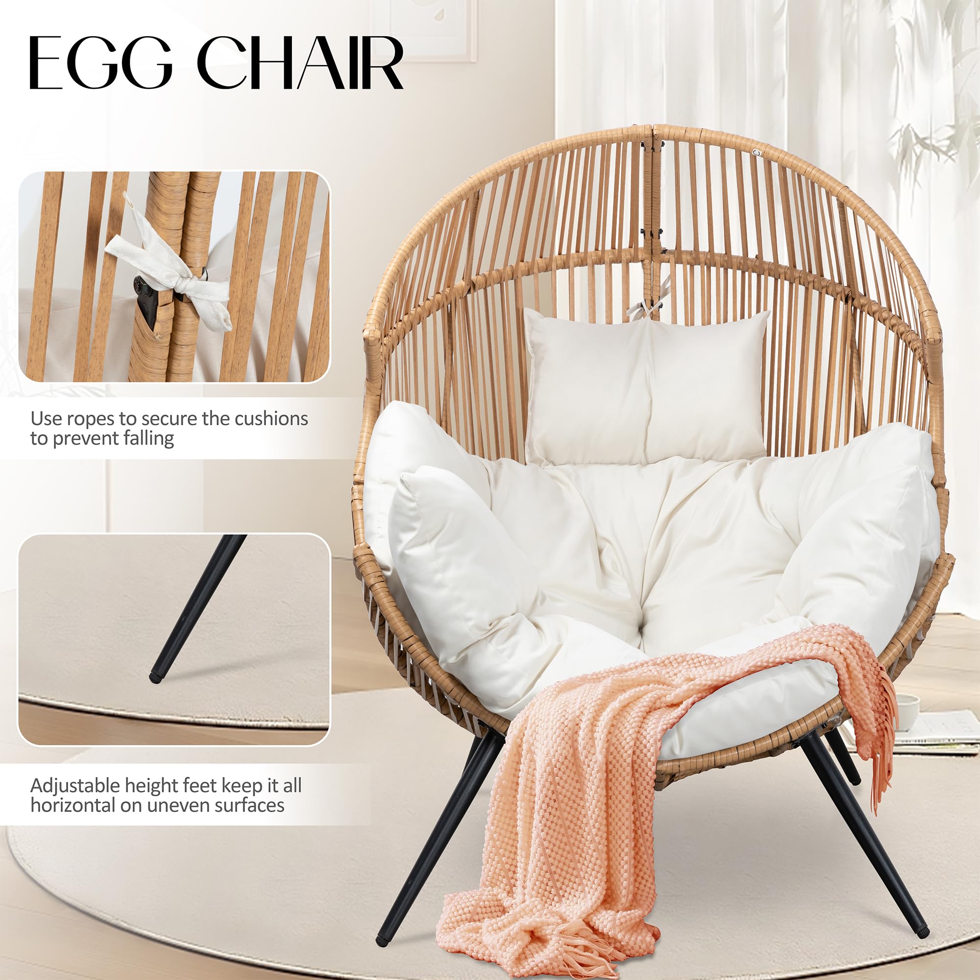 Egg Chair Wicker Outdoor Chairs, Oversized Patio Lounger with Cushion for Indoor Living Room, Bedroom, Backyard, Balcony, Beige