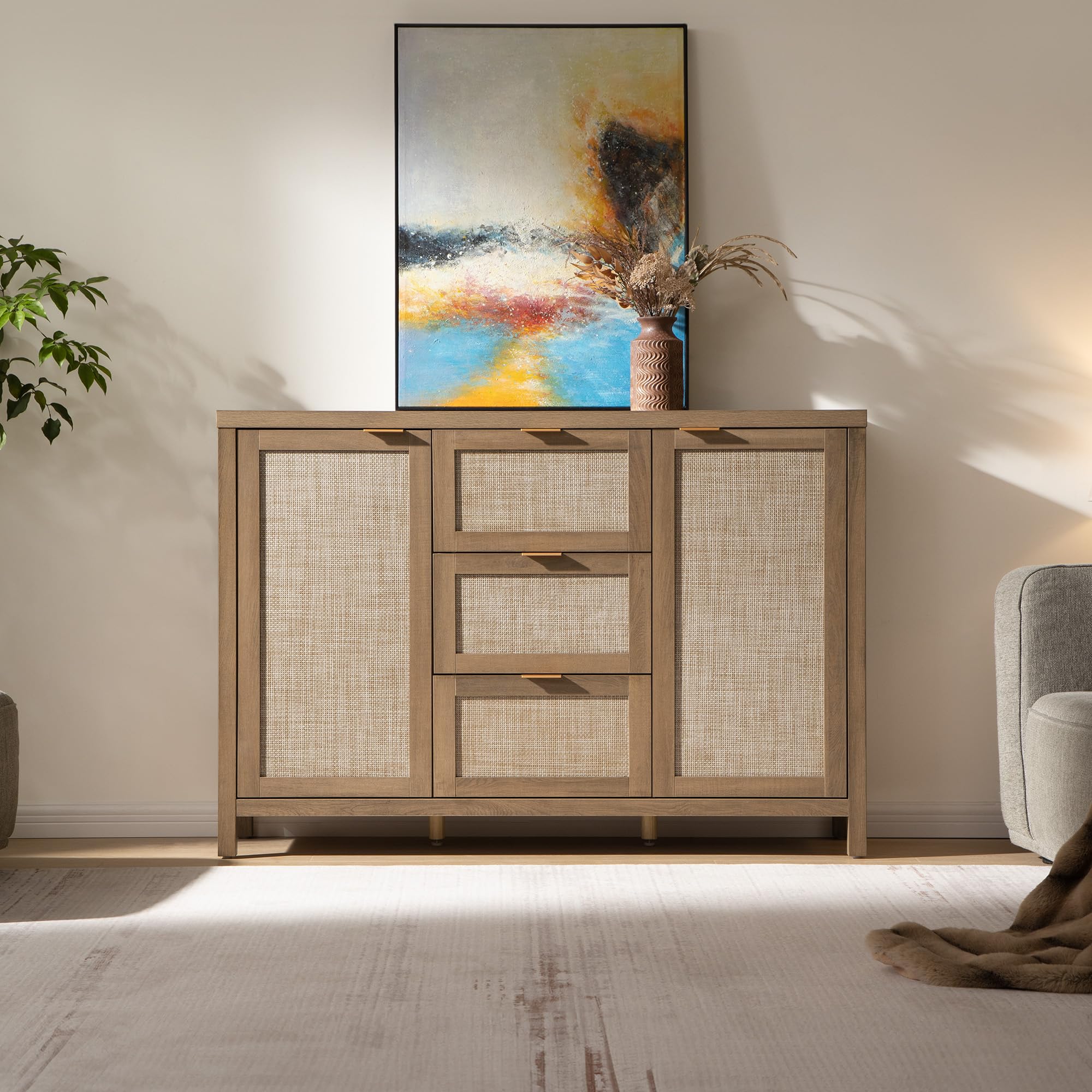 Rattan Sideboard Buffet Cabinet with Storage - 52" Larger Farmhouse Credenza Storage Coffee Bar Cabinet with 3 Drawers & 2 Doors, Boho