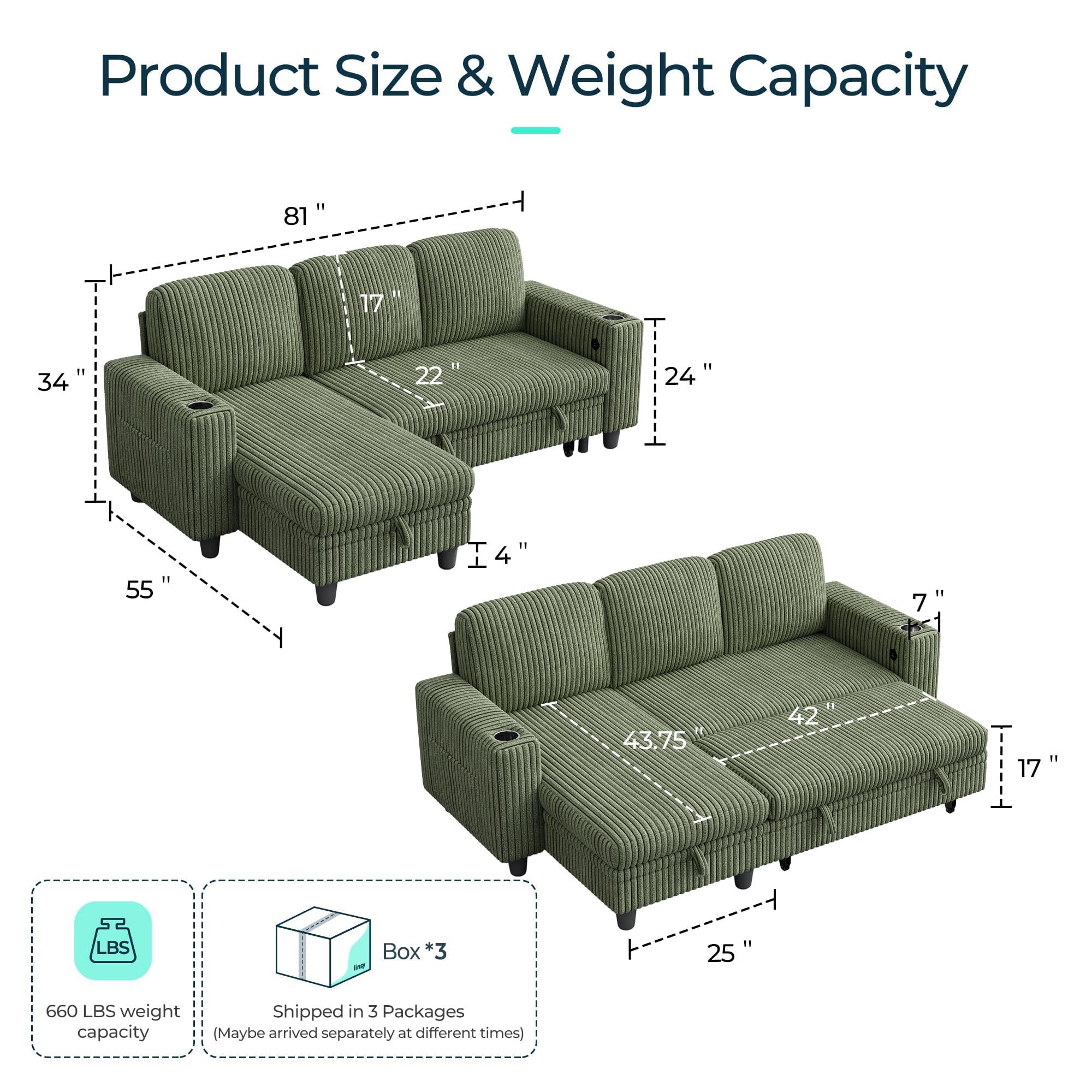 Convertible Sectional Sleeper Sofa with Pull-Out Bed, Corduroy Couch with Storage Chaise & USB Port, L-Shaped Sofa for Living Room, Green