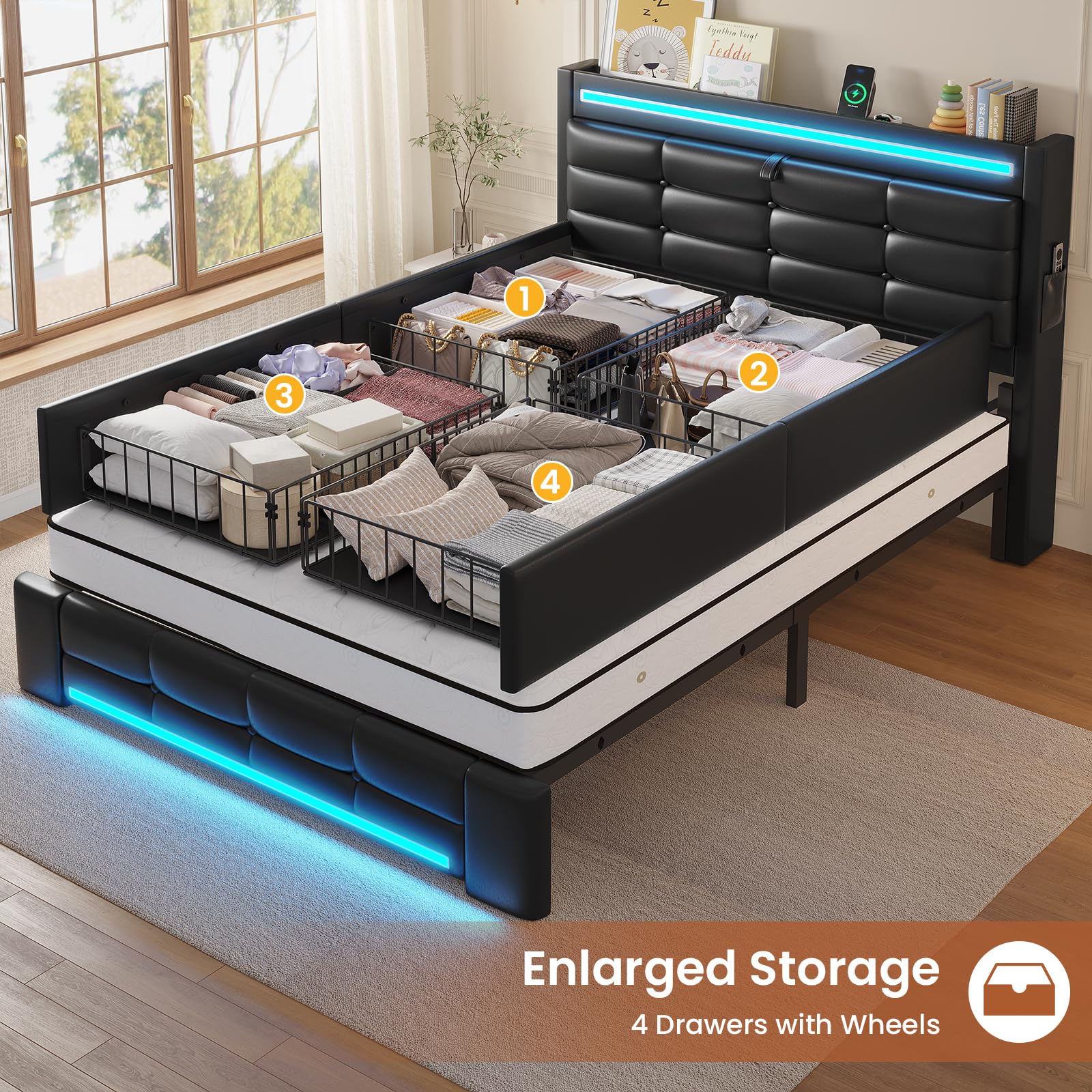 Twin Upholstered Bed Frame with LED Headboard, 4 Storage Drawers, Charging Station, PU Leather Platform Bed for Kids – Black