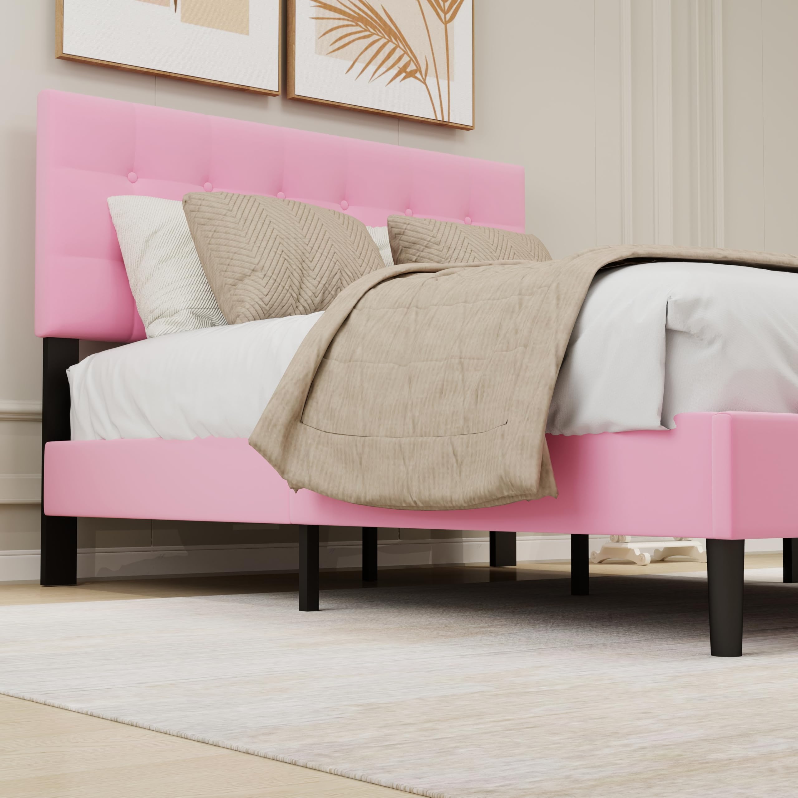 Upholstered Platform Bed Frame Full Size with Button Tufted Velvet Headboard Easy Assembly No Box Spring Needed Pink