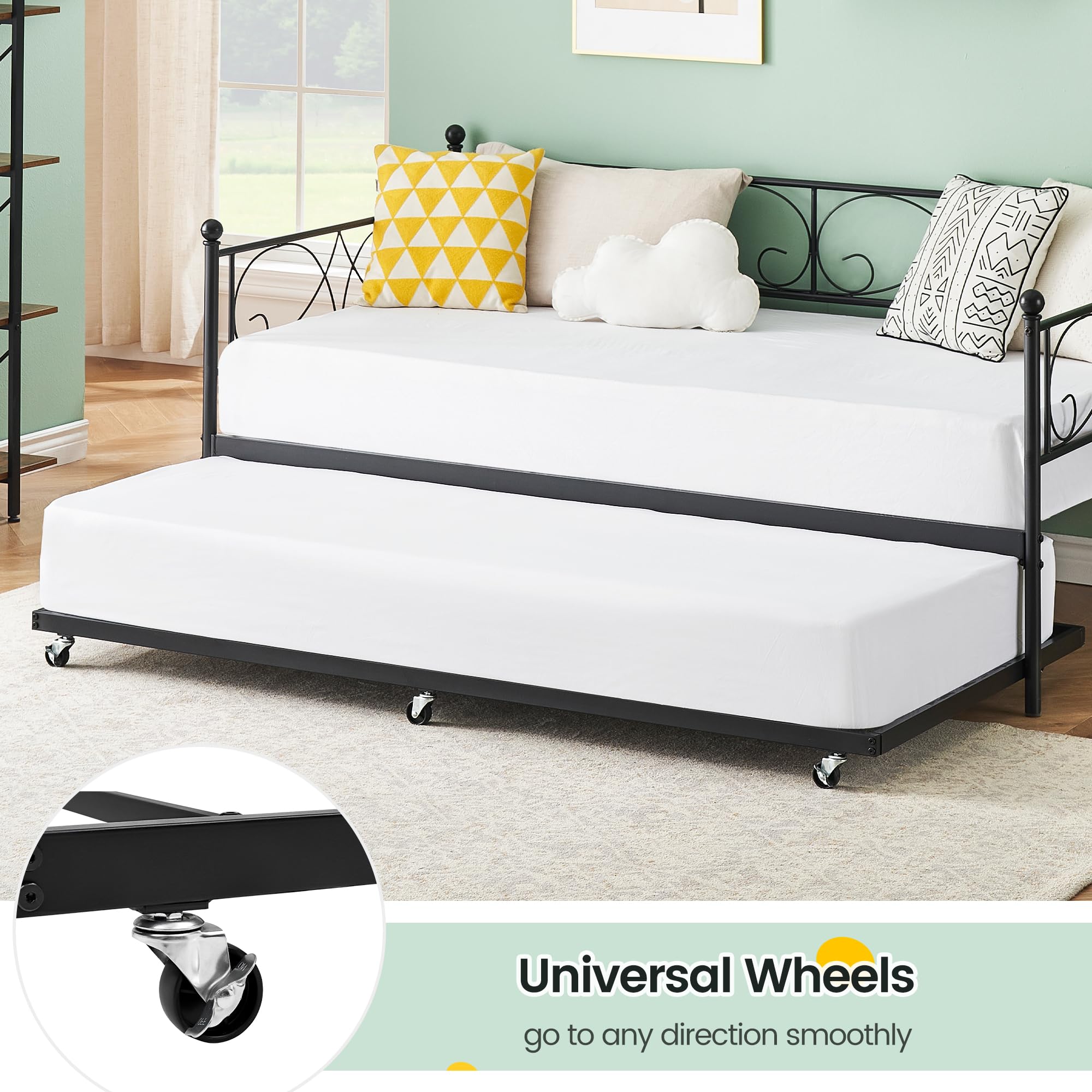 Twin Daybed with Trundle, Metal Trundle Bed, Sofa Bed Frame, Heavy Duty Metal Slats, for Living Room, Bedroom, Guest Room, Space Saving, Black
