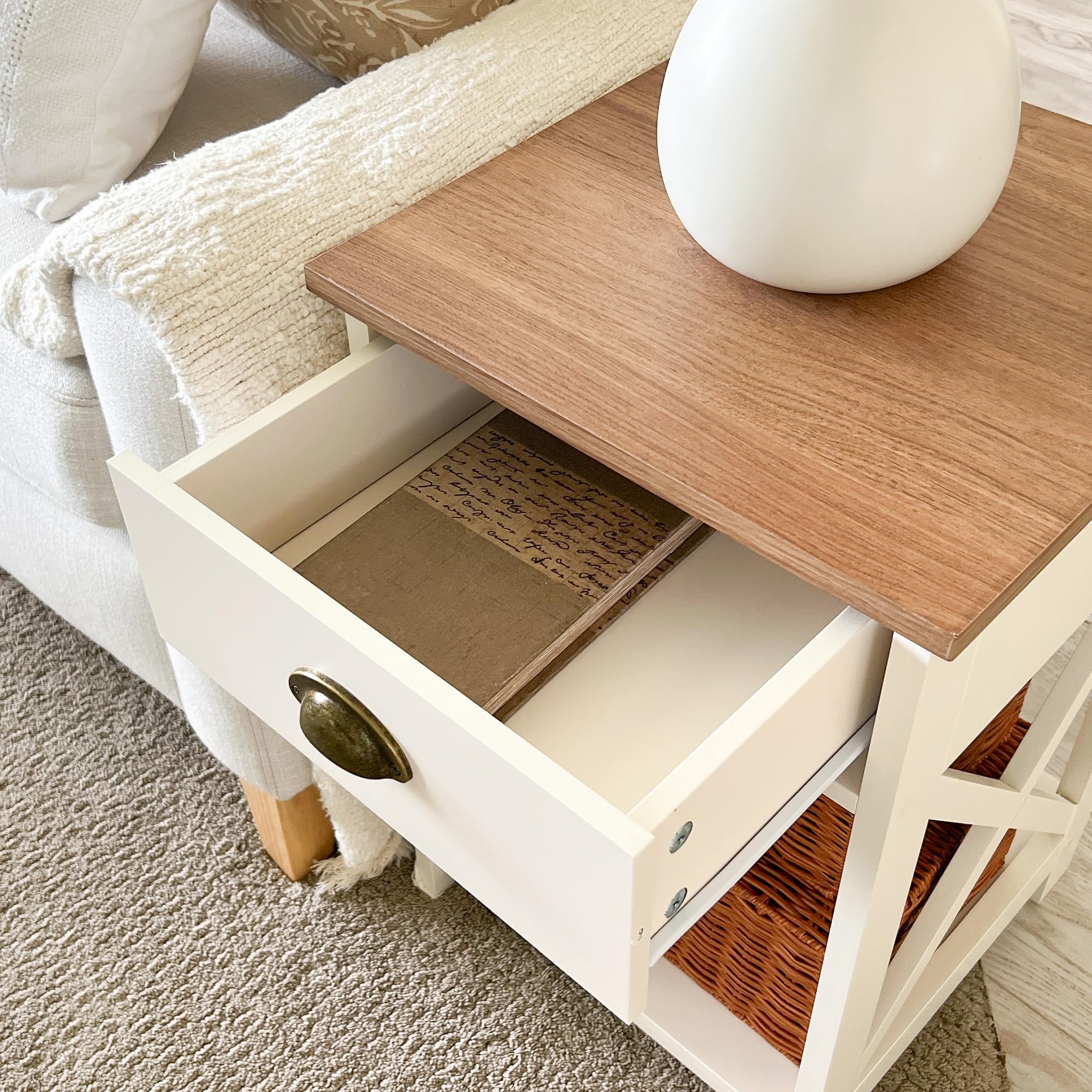 End Table Living Room Set of 2 - Farmhouse Bedroom Nightstands Small Bedside Table, Ivory White Side Table