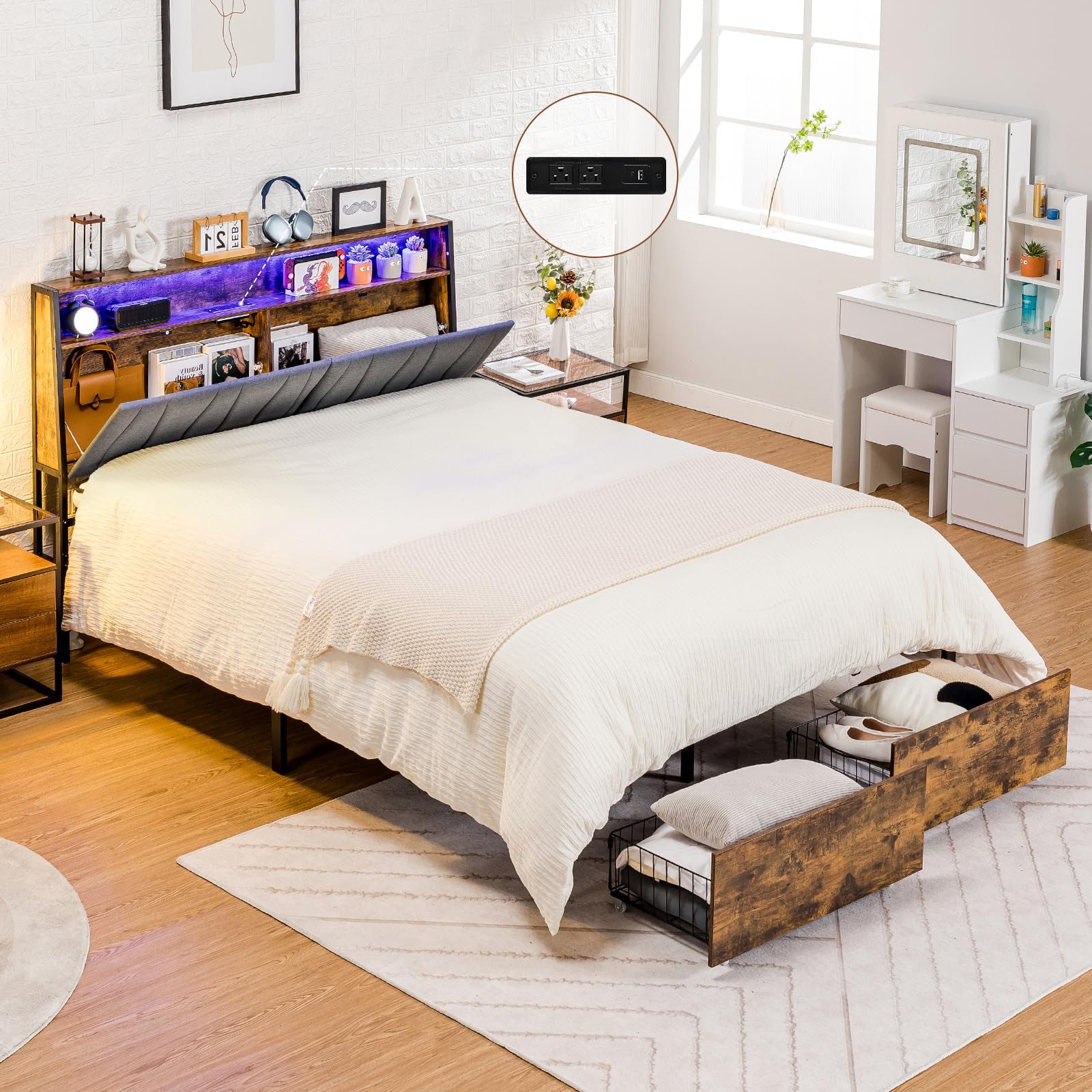 Platform Bed Frame with LED Lights and Charging Station, Storage Headboard and Footboard Drawers, , Rustic Wood Look (Queen)