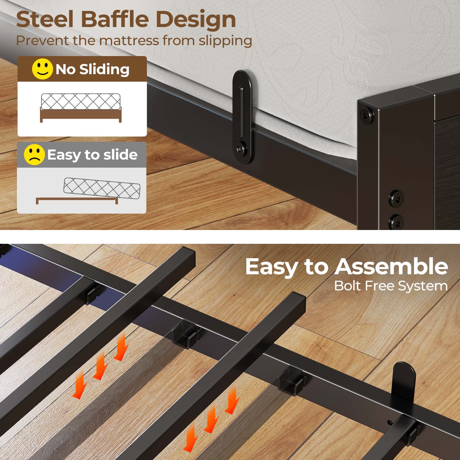Full Size Bed Frame with LED Lights & Charging Station, Upholstered Headboard with Storage, Metal Slats, Dark Grey, No Box Spring