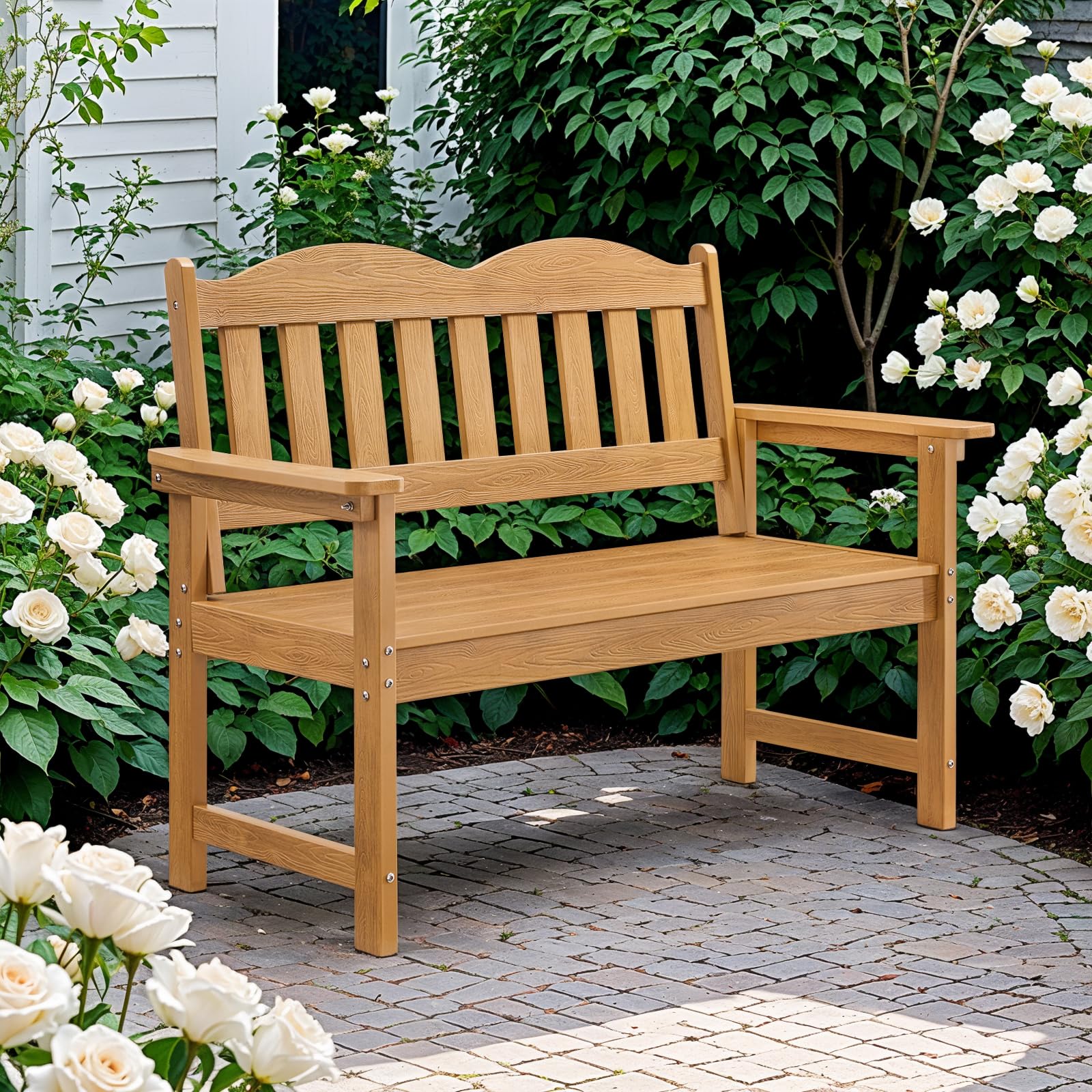 Outdoor Garden Bench, 2-Person Poly Lumber Patio Bench with Armrests, 800 lbs Capacity, All-Weather for Porch, Backyard, Park, Teak