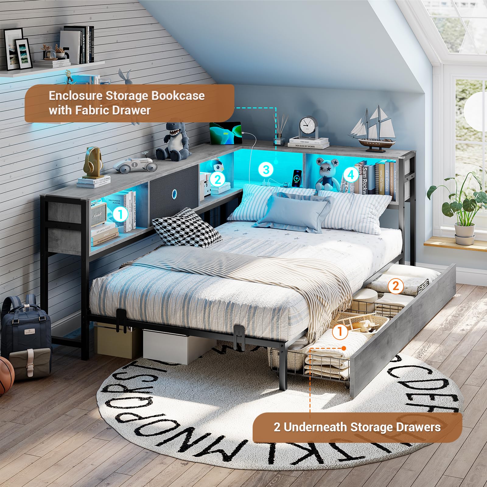 Corner Twin Bed Frame with Storage Bookcase, LED Light & Charging Station – Modern Daybed with Drawers for Kids, Black & Gray
