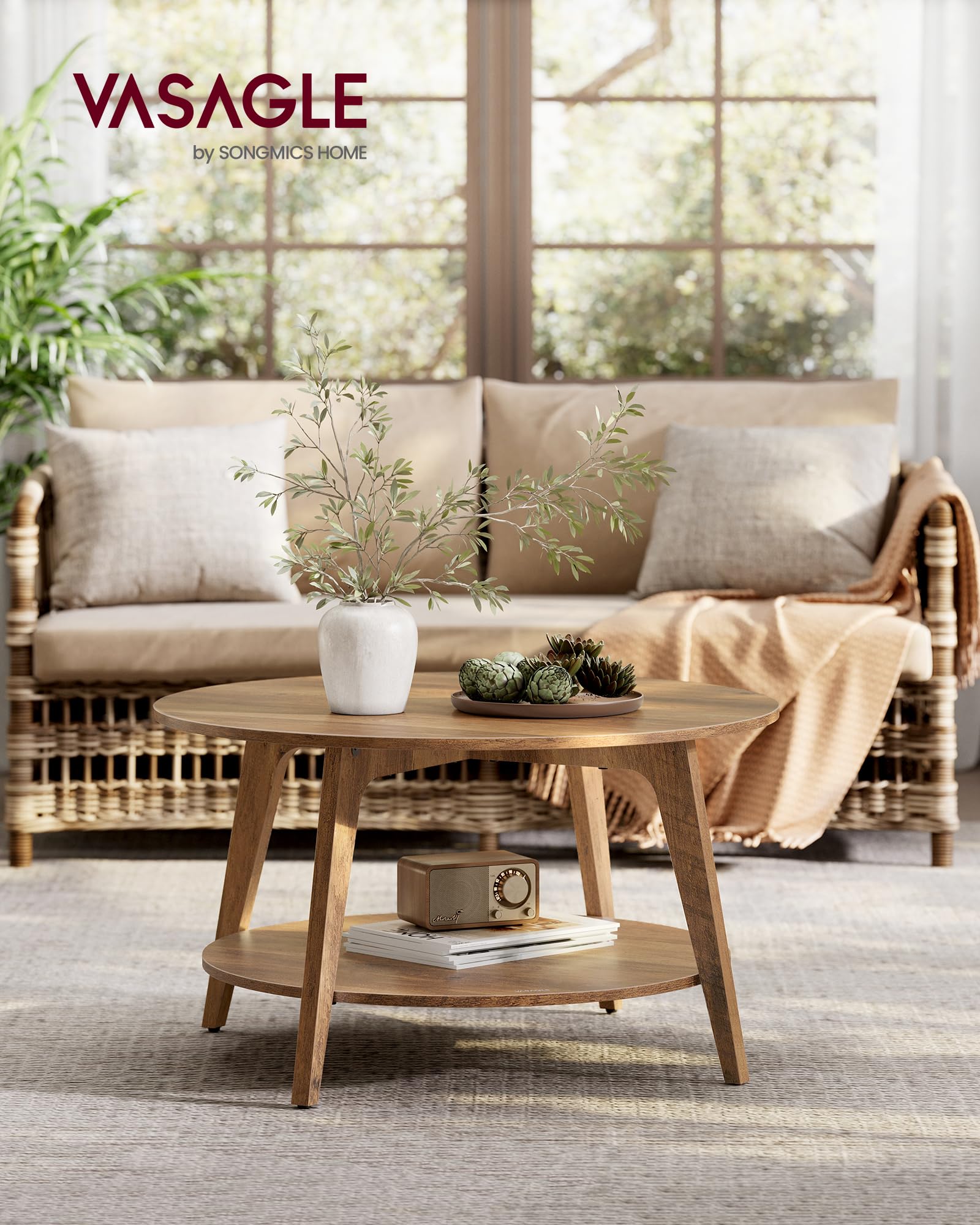 Round Coffee Table, 2 Tier Coffee Table with Storage, for Living Room, 31.5 x 17.7 Inches, Easy to Assemble, Honey Brown ULCT243K41