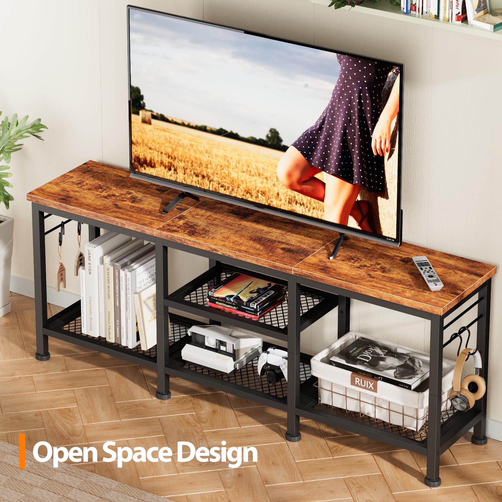 TV Stand for TVs up to 55", Entertainment Center with Open Storage Shelves & Soundbar Shelf, Media Console Table for Living Room, Bedroom, Rustic Brown