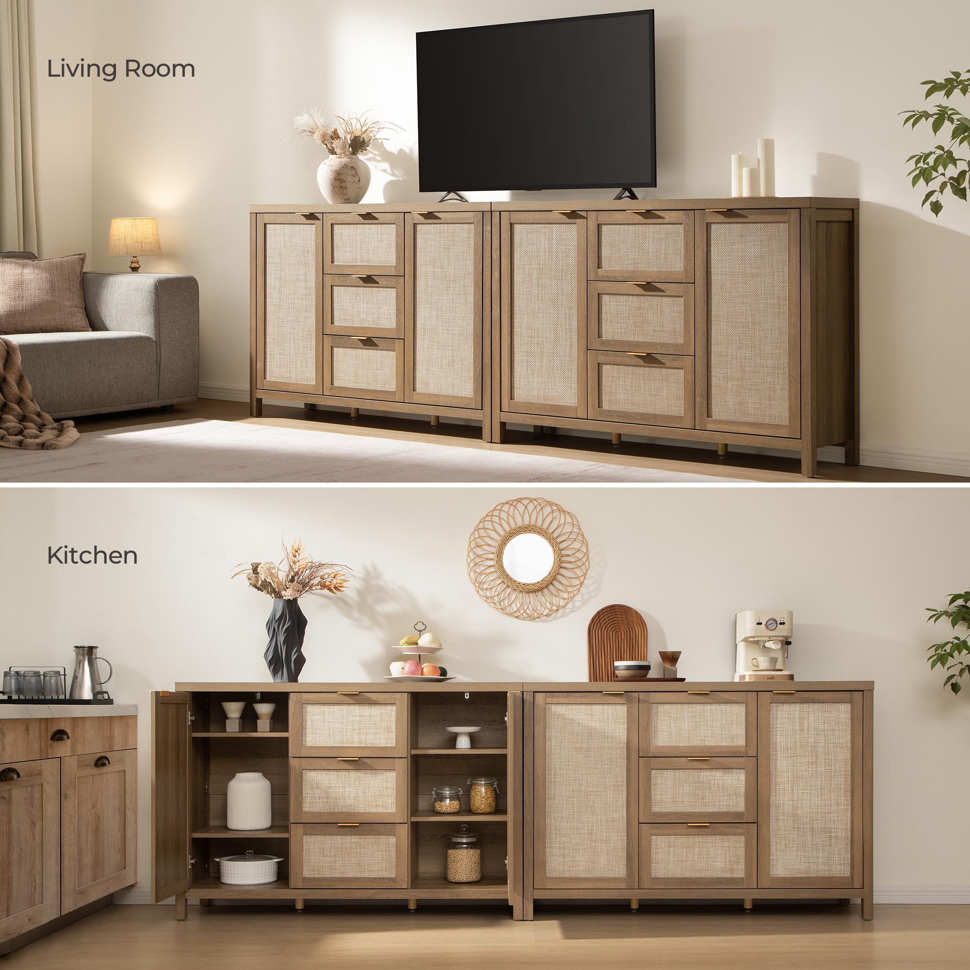 Rattan Sideboard Buffet Cabinet with Storage - 52" Larger Farmhouse Credenza Storage Coffee Bar Cabinet with 3 Drawers & 2 Doors, Boho
