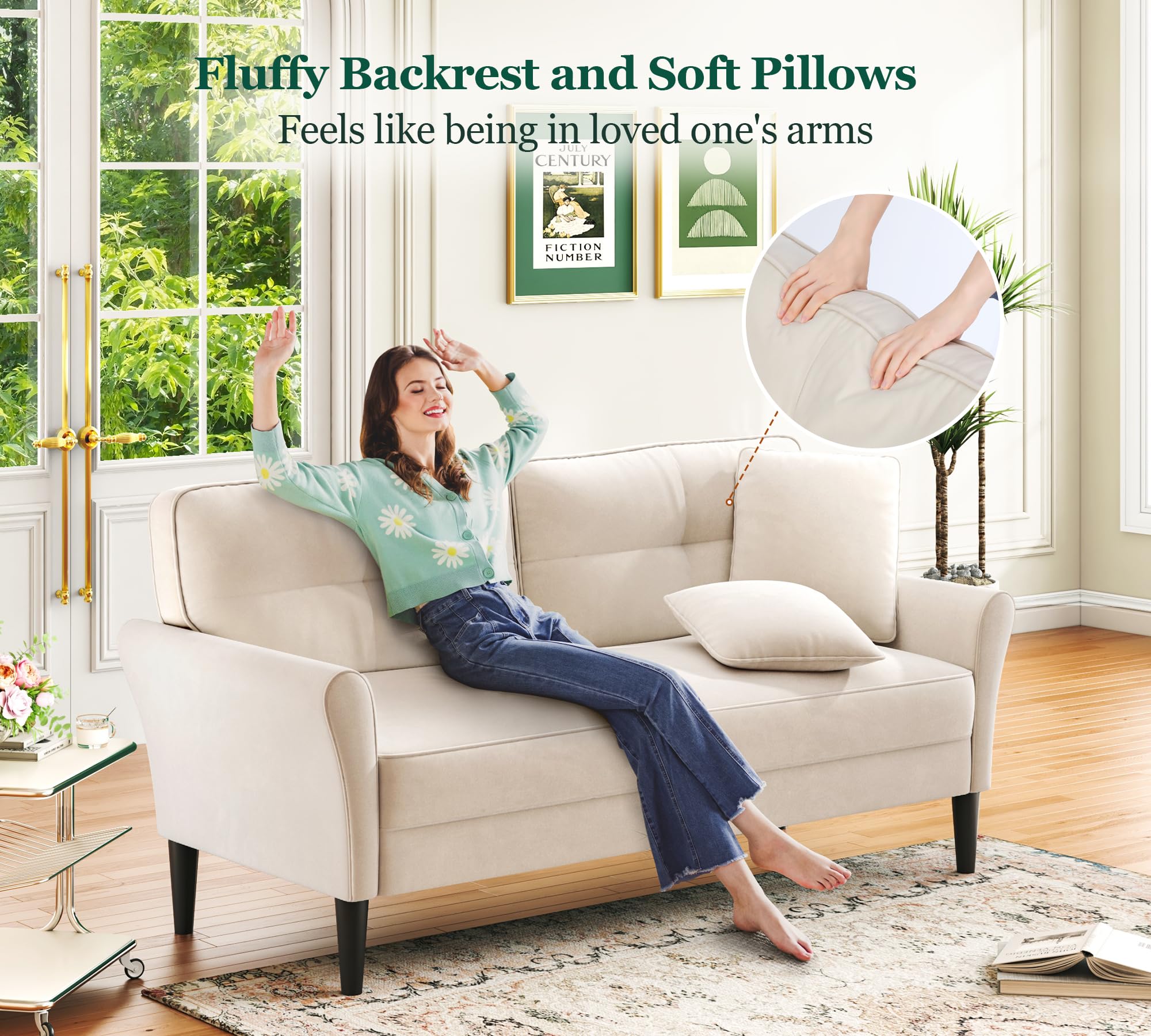 69" Small Sofa with 2 Pillows, Comfy Loveseat Couch with 700lb Capacity, Tool-Free Setup, Mini Couch for Living Room, Bedroom, White