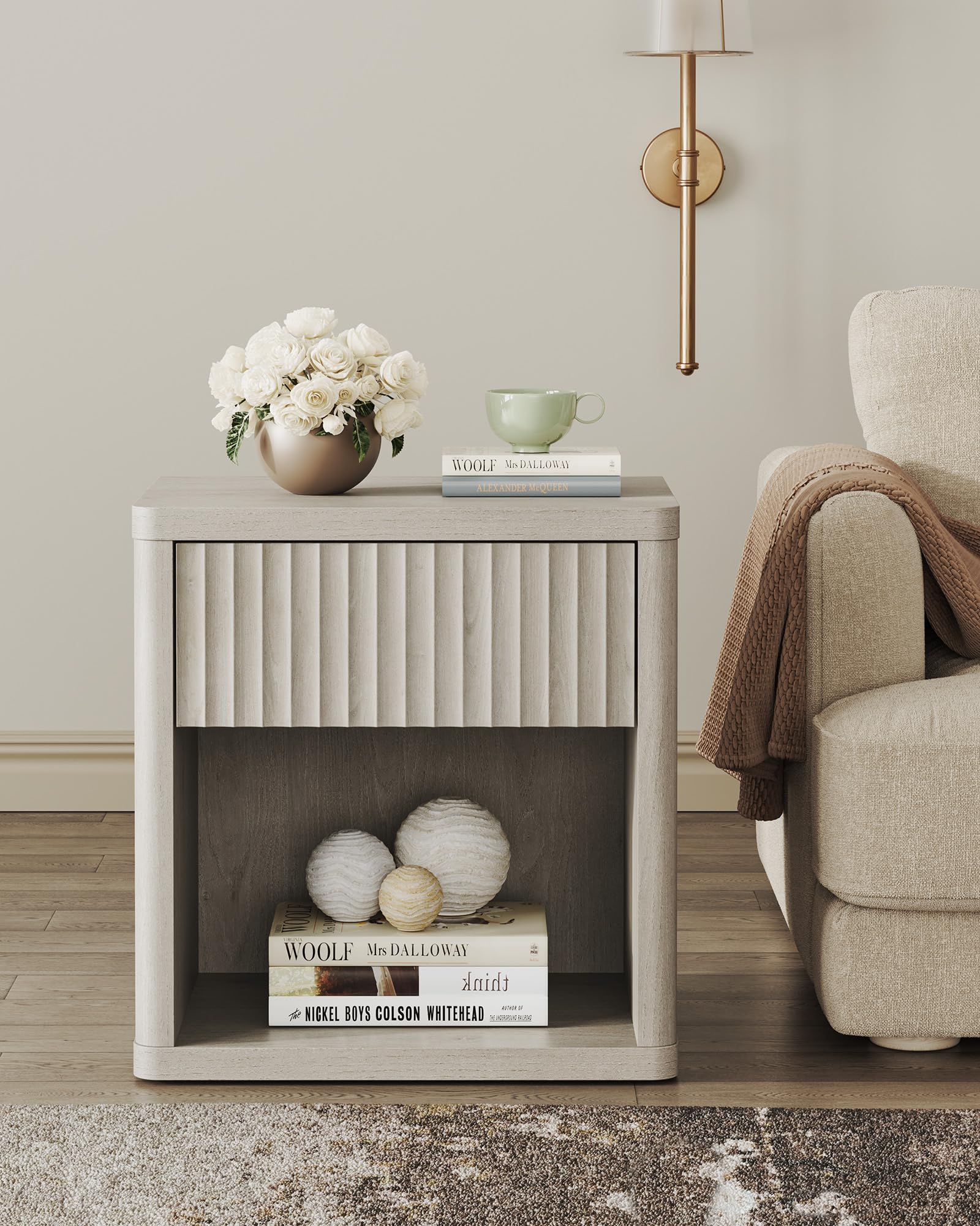 Set of 2 Modern Nightstands with Drawer Storage, Fluted Bedside Tables, Wide Mid-Century End Tables for Bedroom, Living Room, White Alder