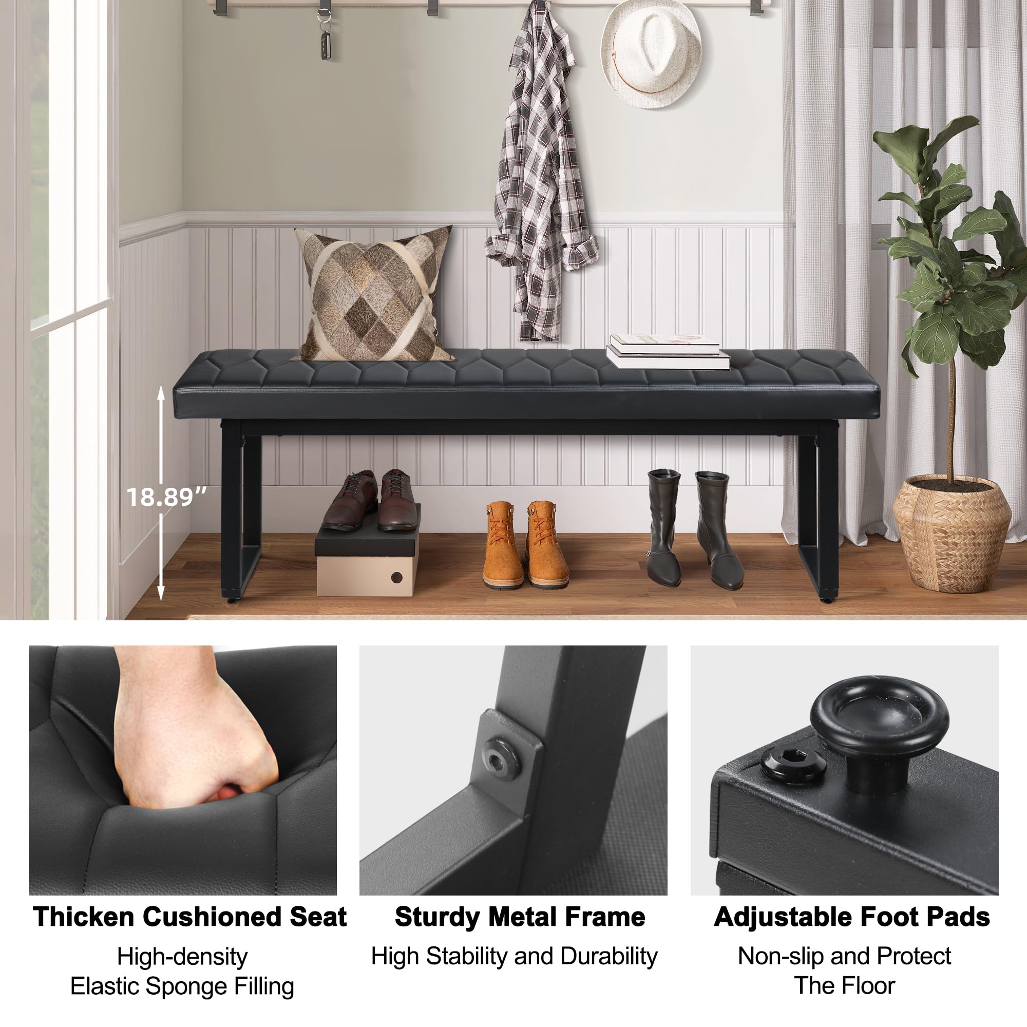 Set of 2 Padded 58" Dining Benches, Faux Leather Extra Long Cushioned Seats for 6–8 People, Entryway, Bedside, Dining Room, Black