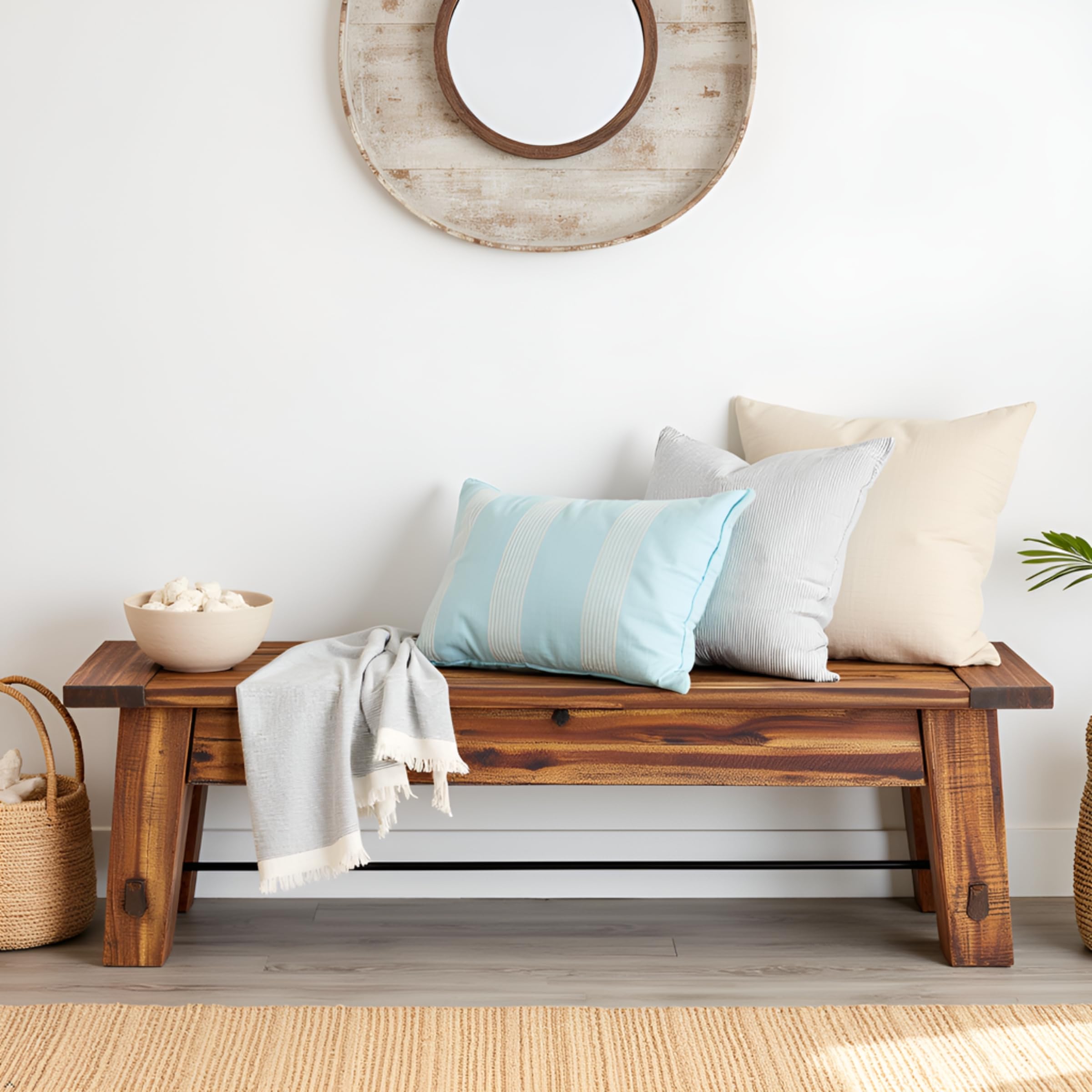 Durango 60" Rustic Farmhouse Wood Bench, Solid Wood Seat, Industrial Accent Furniture for Entryway, Dining Room, Hallway, by Alaterre