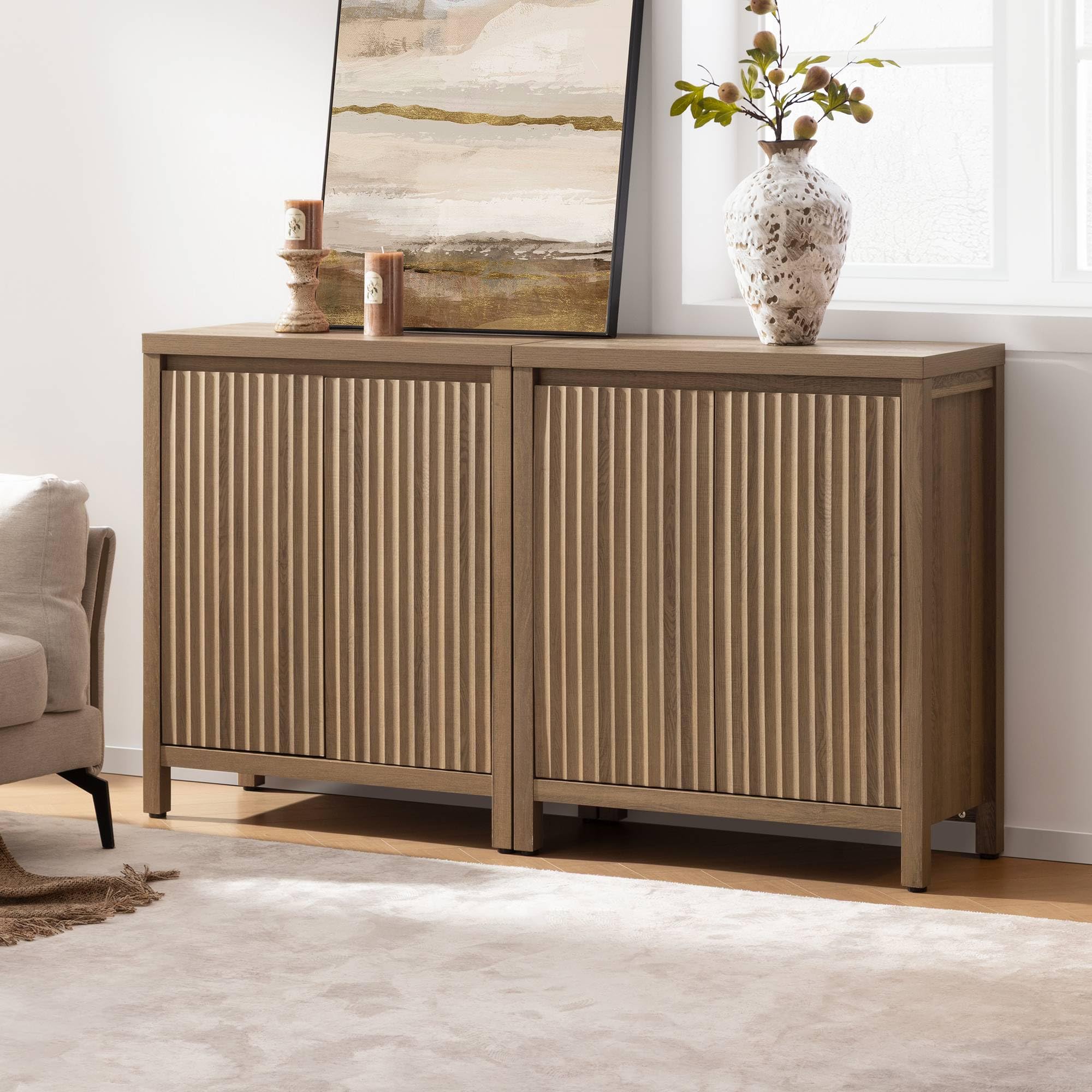 Sideboard Buffet Cabinet with Storage, Fluted Credenza Console Cabinet with Adjustable Shelves, Farmhouse Coffee Bar Storage Cabinets