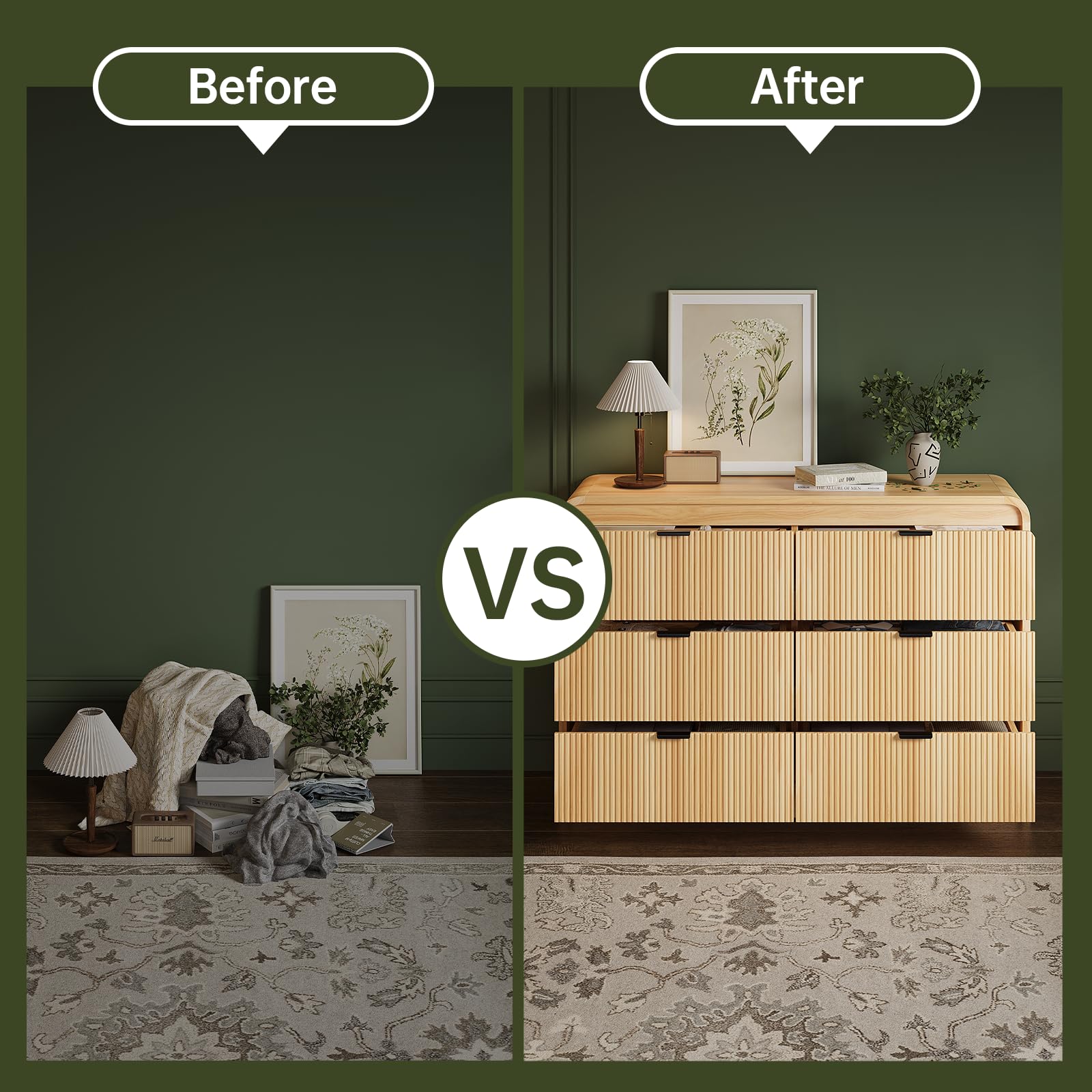 Fluted 6-Drawer Wooden Dresser, 54" Wide with Metal Handles, Curved Design, Modern Storage Organizer for Bedroom, Living Room, Natural Oak